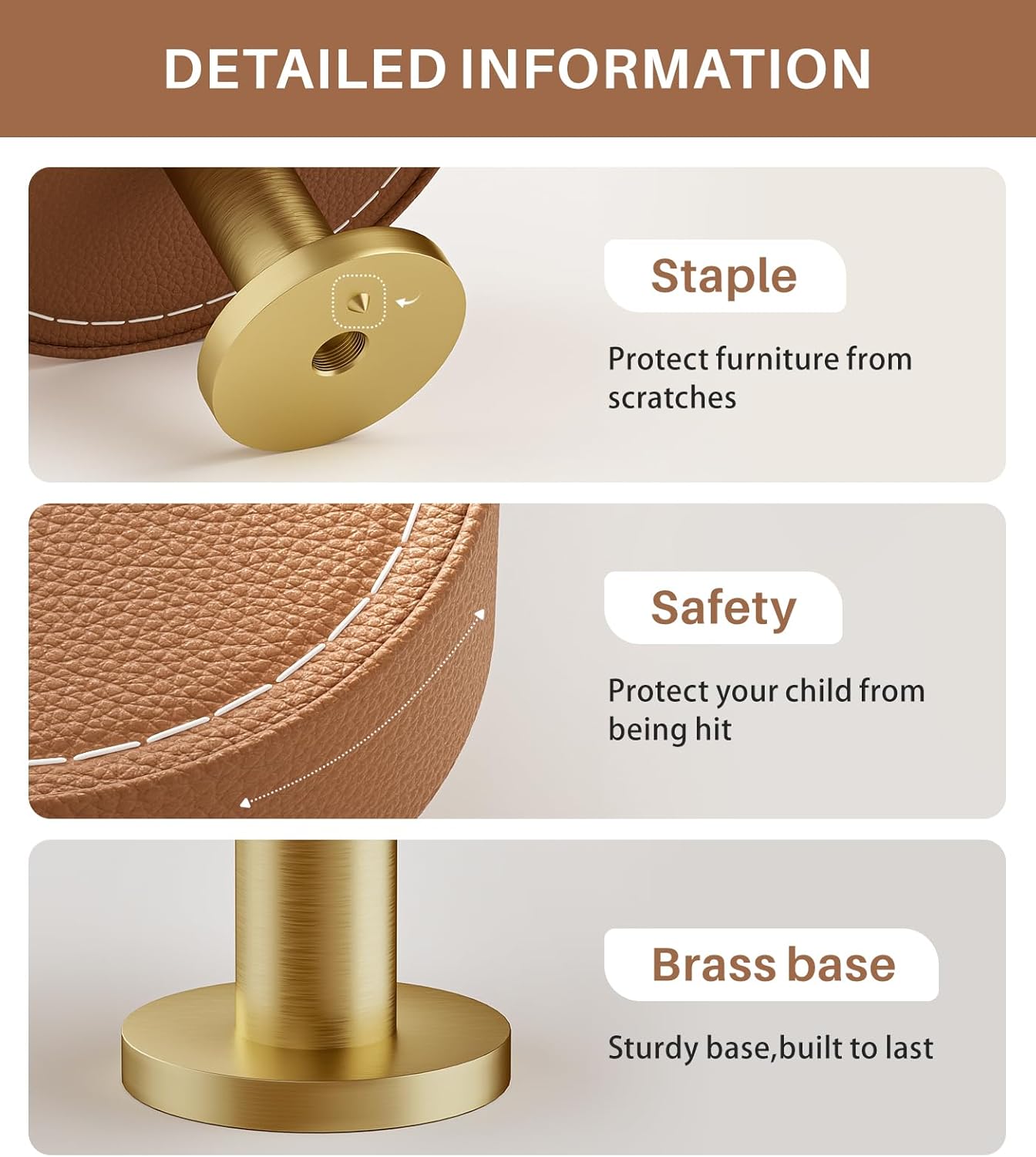 Satanga Kitchen Leather Cabinet Drawer Dresser Knobs Pack of 4 Brown Brass Round Cupboard Door Bathroom Handles Furniture Wardrobe Hardware One Single Hole Diameter 1 2/5 Inch with Screws Modern