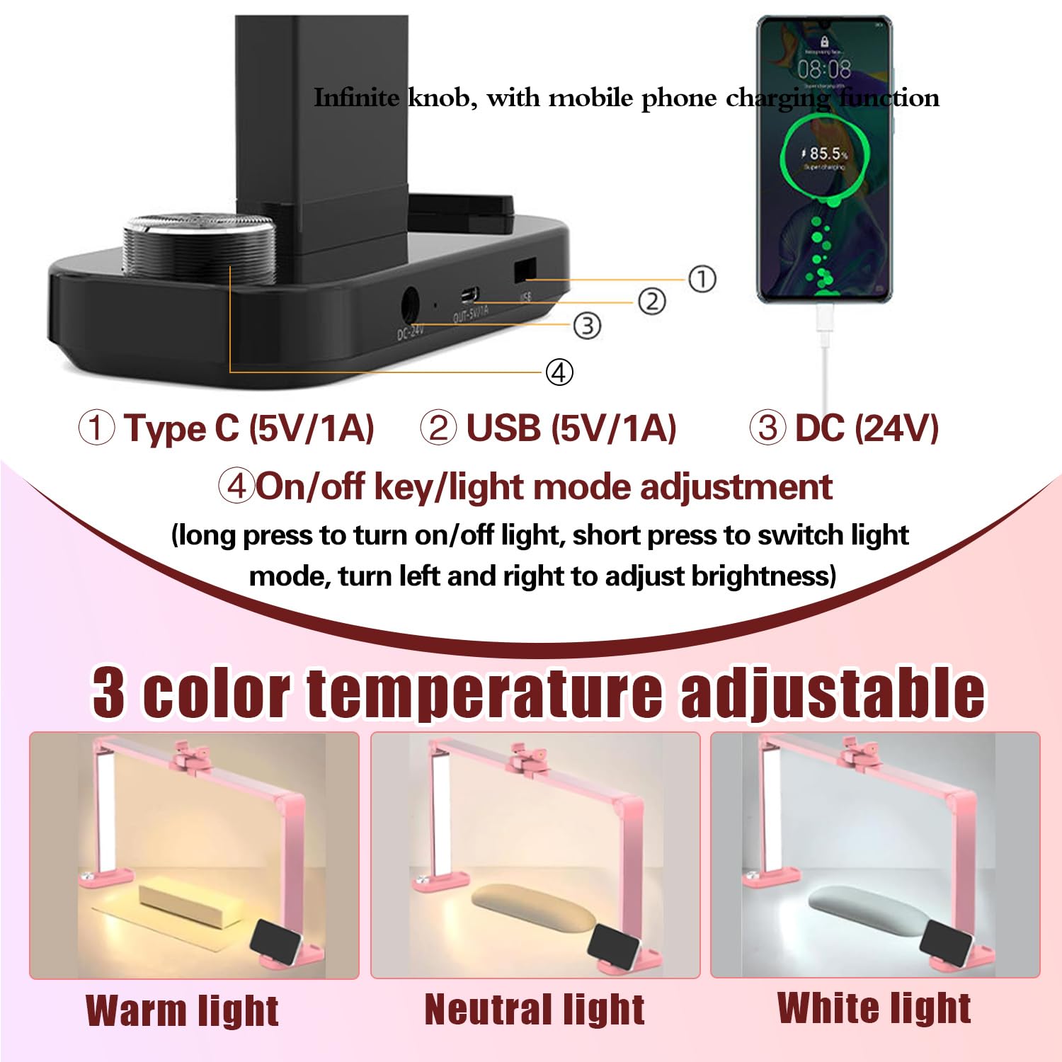 Lampada per Unghie Pieghevole da 34 Pollici, Lampada per Unghie dimmerabile 3000-6000K per scrivania, 3 modalità di Illuminazione, Lampada da scrivania per Unghie,Nero
