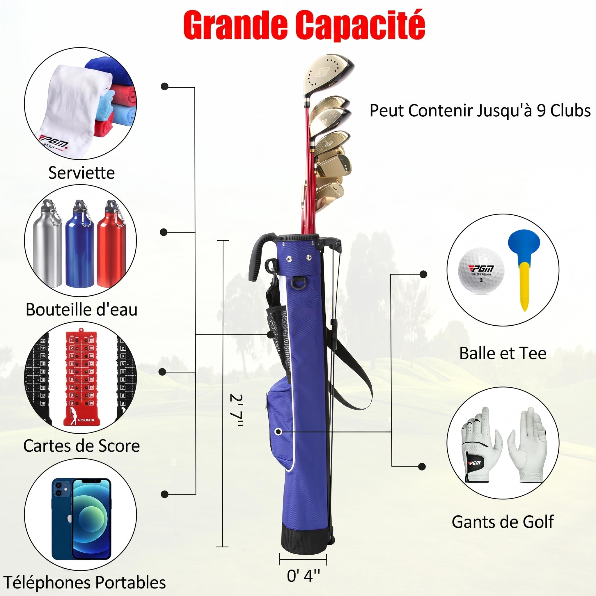 PGM Sunday Sac de golf avec support et sangle – Sac de transport ultra léger pouvant contenir jusqu'à 9 clubs – Sac de voyage étanche pour parcours de course et cours exécutifs