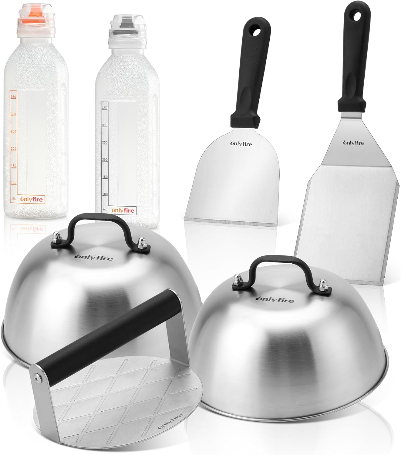 Onlyfire 7PCS Griddle Accessories Kit for Cooking Indoor or Outdoor, Multifunctional Grill Utensil for Blackstone Including Melting Dome, Grill BBQ Spatulas, Chopper/Scraper, Liquid Dispensers, Grill Press Great