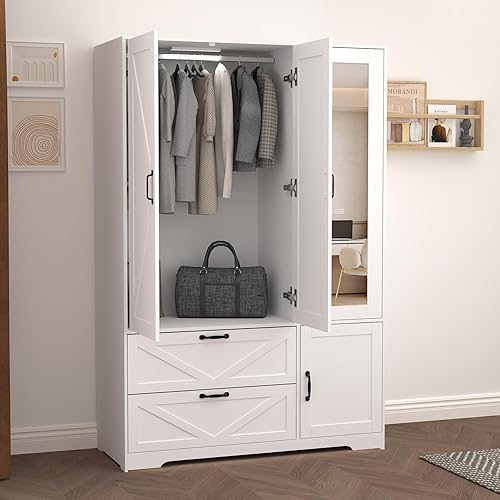 Miniatura 7 de Armario Armario con puerta de espejo, 3 puertas, Armario de dormitorio de granja con cajones y estantes ajustables, Armario de madera con barra para