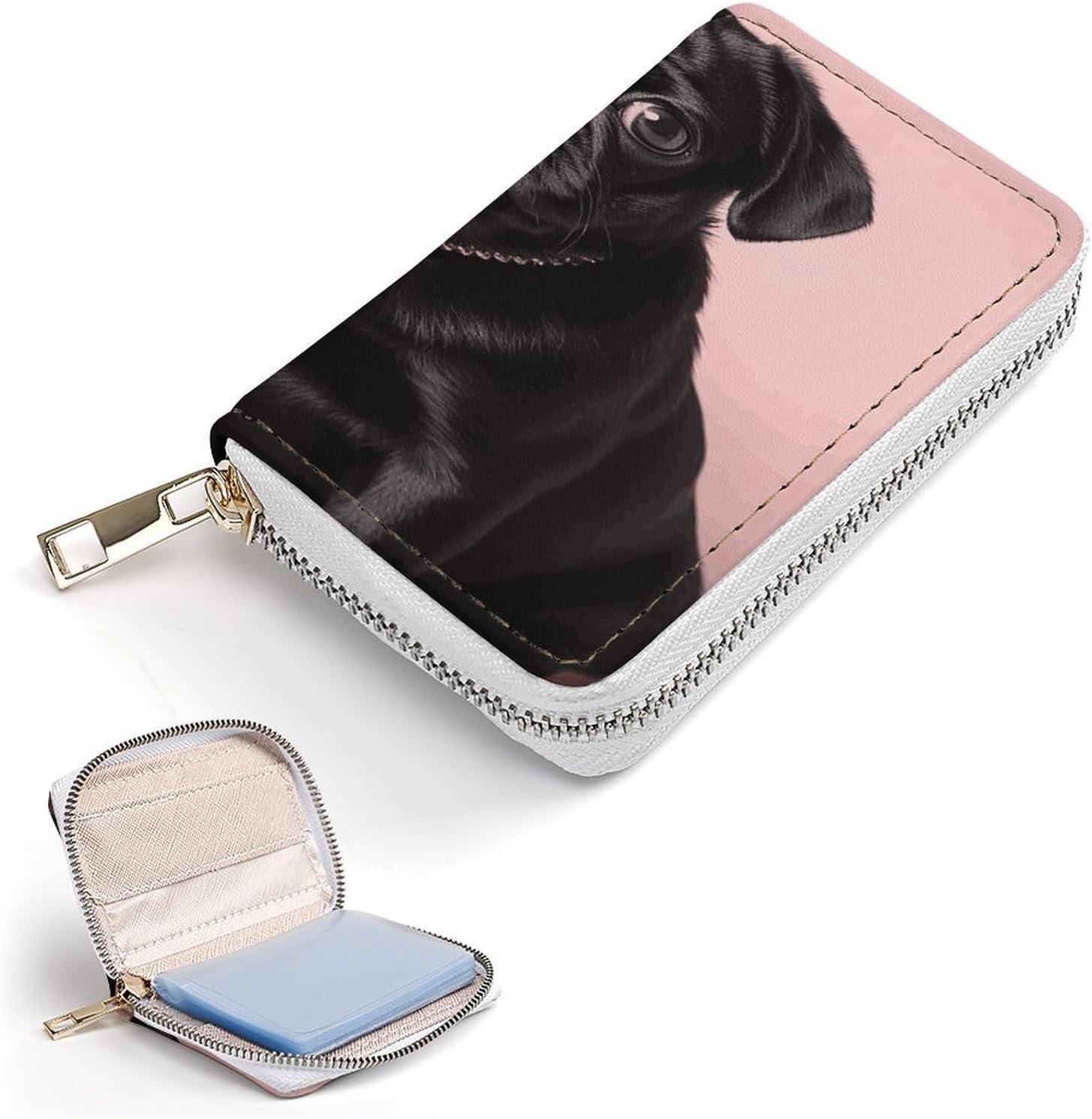 Cute Black Pug Card Holder RFID Blocking,Credit Card Wallet for Women And Men,Card Case Organizer Bag with Zipper