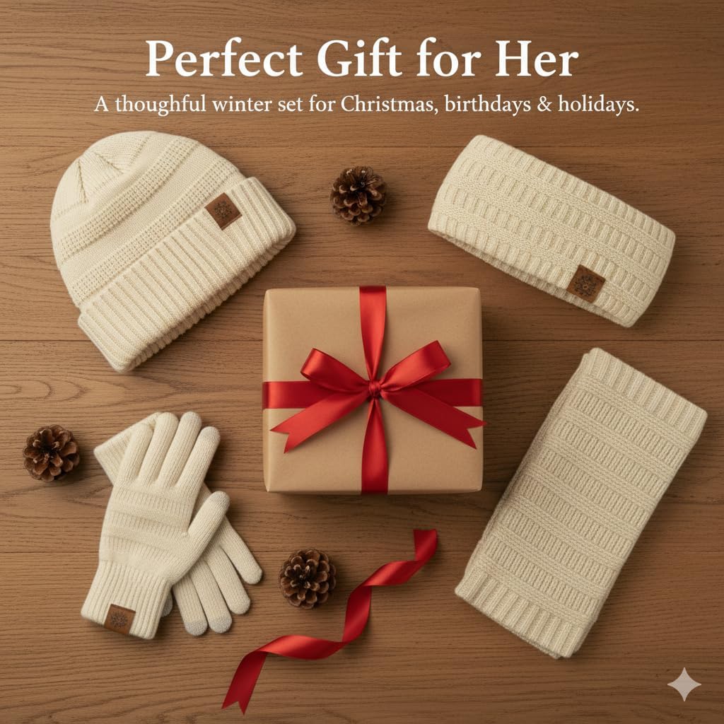 Winter Beanie Hat Scarf Gloves Headband Set – Knit Beanie, Warm Scarf, Touchscreen Gloves & Ear Warmer, Gift for Women & Men - Image 6