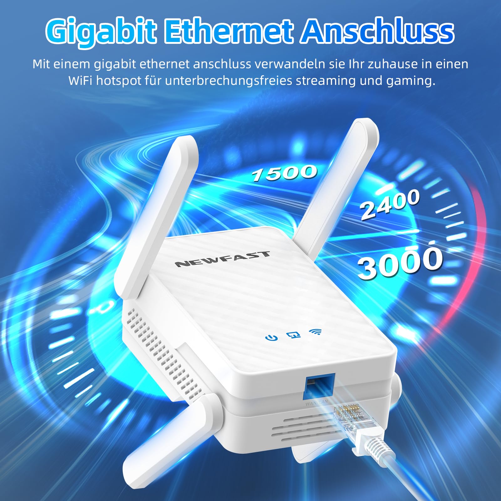 NEWFAST 2026 Neuestes WiFi 6 Extender,3000Mbit/s Dualband WLAN Verstärker | WLAN Repeater mit 4 Schwenkbaren Antennen,WPS,MU-MIMO,Gigabit-Port,Unterstützt Repeater/Router/AP Modus,Signalstabil,Weiß