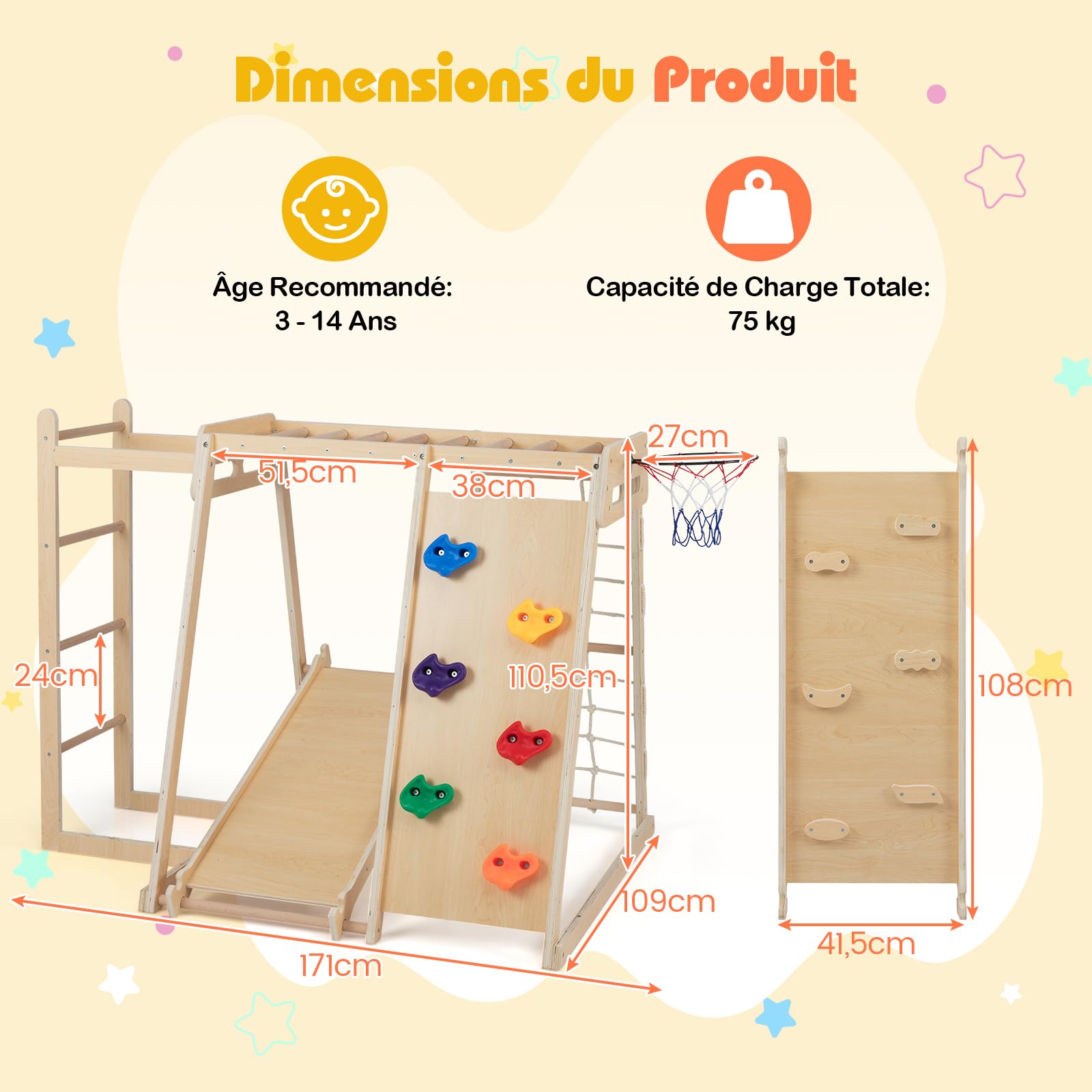 COSTWAY 6 en 1 Aire de Jeux d'escalade Intérieure en Bois avec Toboggan & Rampe, Triangle d'escalade Montessori Enfant avec Échelle & Panier & Barre de Singe, Charge 75kg pour 3-14 Ans