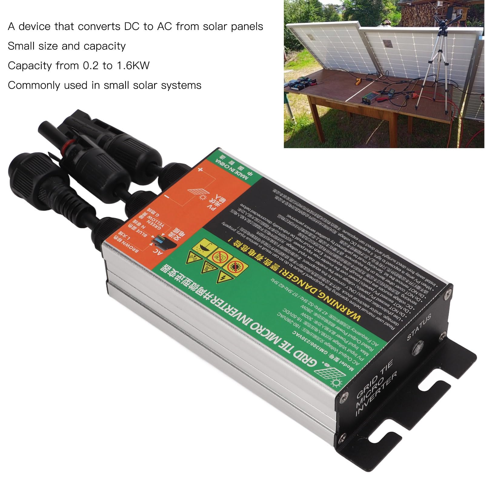 Solar-Mikro-Wechselrichter, 300 W, Wasserdichter MPPT-Grid-Tie-Mikro-Wechselrichter für Kleine Solarsysteme, Aluminiumlegierung, 5,1 X 3,0 X 1,5 Zoll,21 A-230 V AC-Ausgang, Schutzart IP55 –
