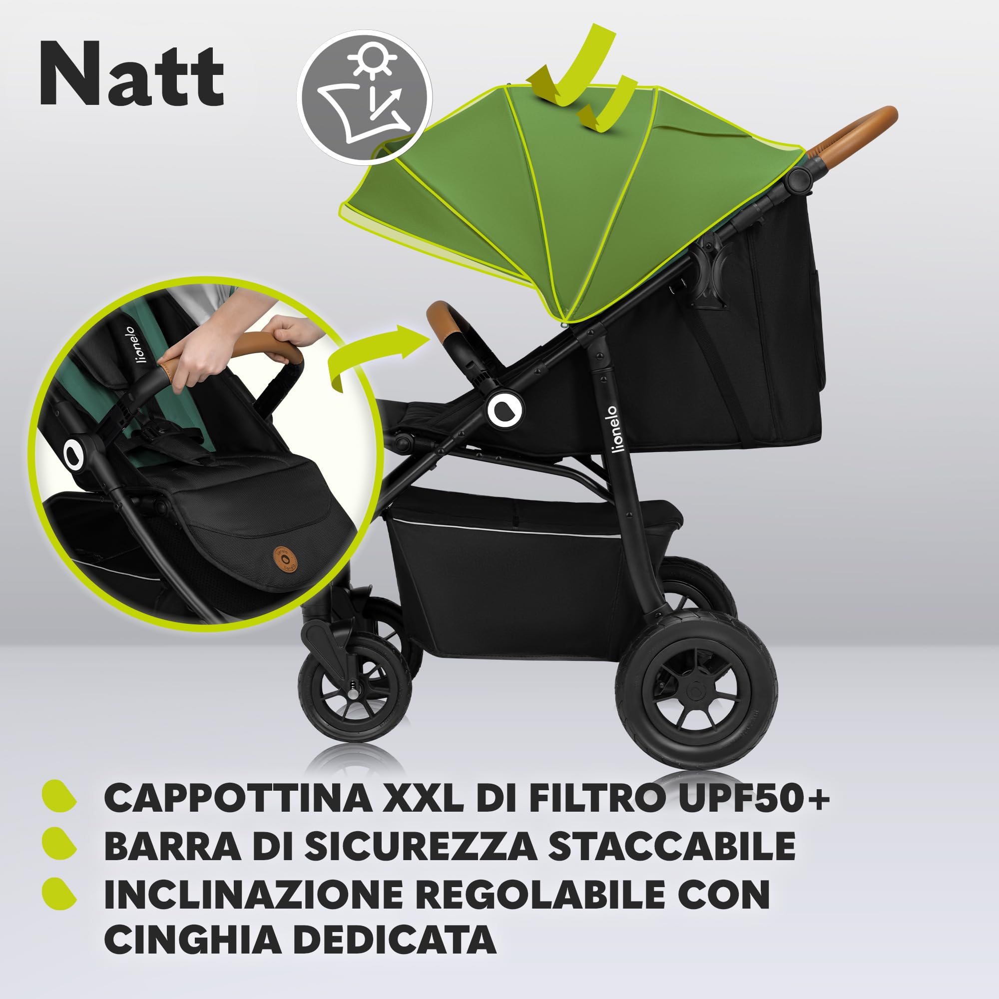 LIONELO Natt Passeggino Compatto Pieghevole per Bambini Da 0 fino a 22 kg | Dalla Nascita, Schienale Reclinabile, Poggiapiedi Regolabile, Cinture a 5 Punti, Grandi Ruote, Sospensioni, Cappottina XXL