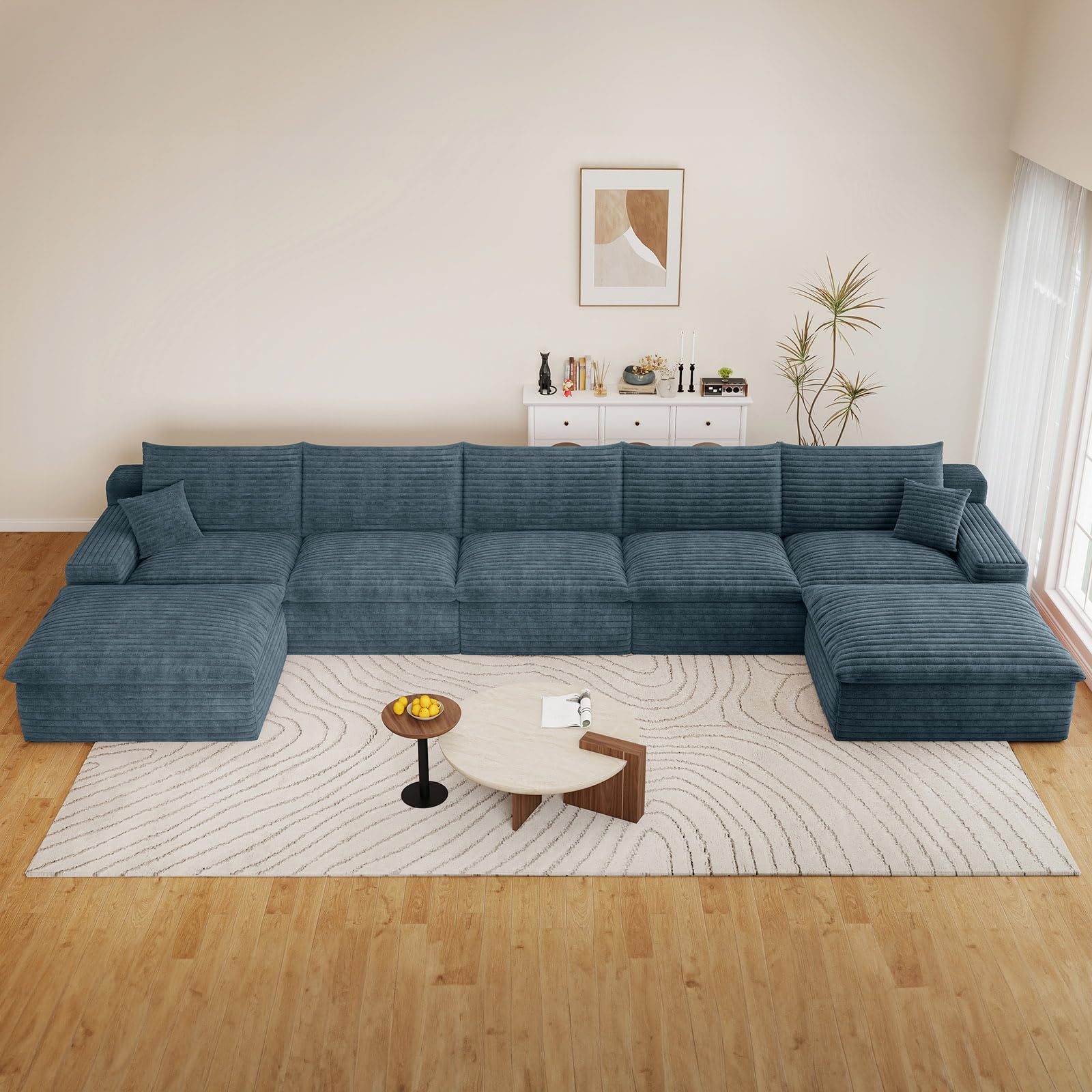 165" Cloud Couch Modular Sectional Sofa for Living Room, U-Shape Boneless Couch with Deep Seat, Modern Corduroy 5-Seater with Ottomans, No Assembly Required, Blue