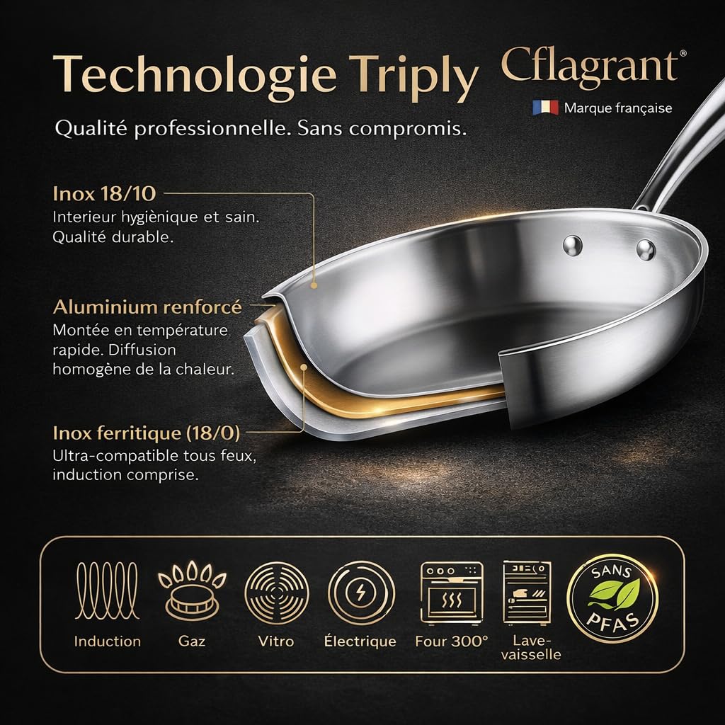 Poêle Inox 18/10 Triply Premium Sans PFAS/PFOA/PTFE/Cadmium, Acier Inoxydable 3 Couches, Compatible Induction, Tous Feux et Four, Qualité Professionnelle (Lot de 3 poêles 20/24/28cm)