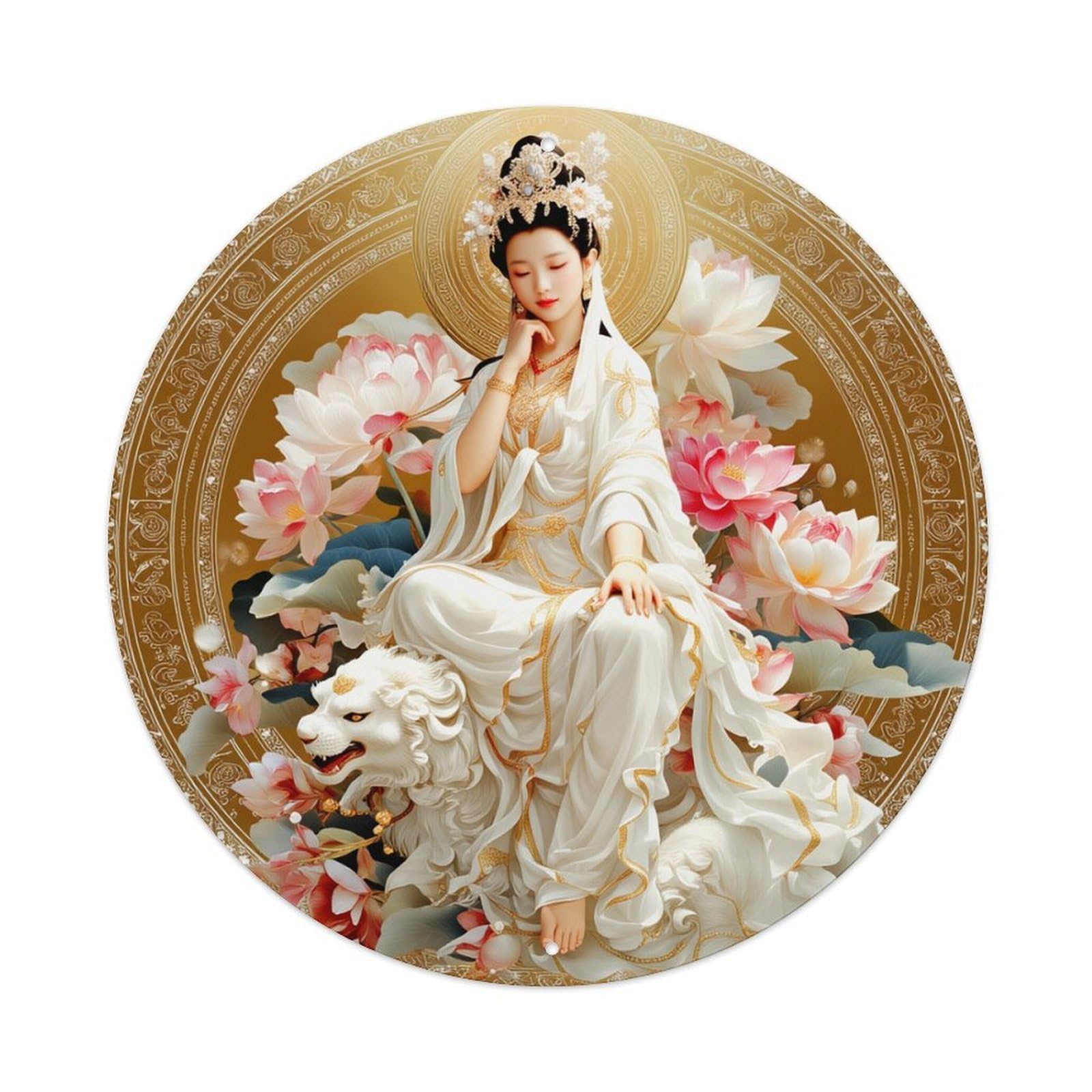 Buddha Lotus White Lion Gold Round Tin Sign Retro Metal Sign for Cafe Bar Pub Home Game Room Gym Club Wall Decoration Vintage Metal Poster 8x8 Inch