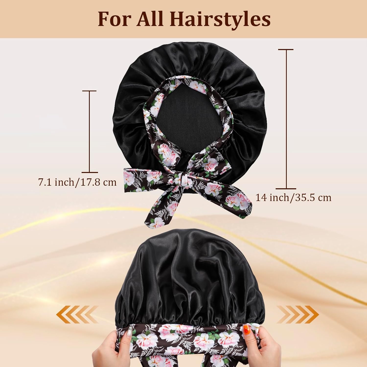 2Pcs Silk Bonnet for Sleeping,Large Satin Bonnet with Tie Band,Night Sleep Cap for Women,Satin Bonnet for Curly Hair(Black + Pink) - Image 2