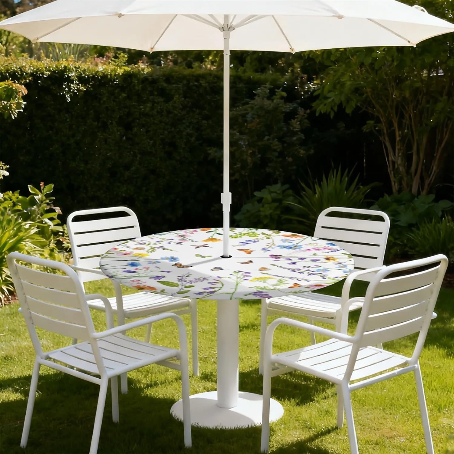 Tovaglia rotonda per esterni con foro per ombrellone e cerniera Fiori di farfalla motivo lavabile e pulibile - tovaglia con bordo elastico per patio, balcone e giardino, Ø 150 cm