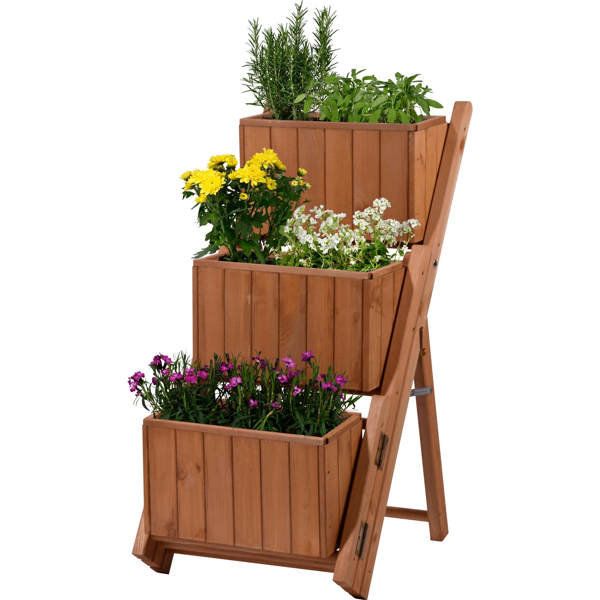 dobar® 29251e ausklappbare Pflanztreppe Dreistufig | Blumentreppe mit 3 separaten Pflanzkästen | Blumenkästen inkl. Pflanzfolie | Vormontierte Blumenkasten | Pflanzkübel Holz | 41 x 55 x 85 cm | Braun