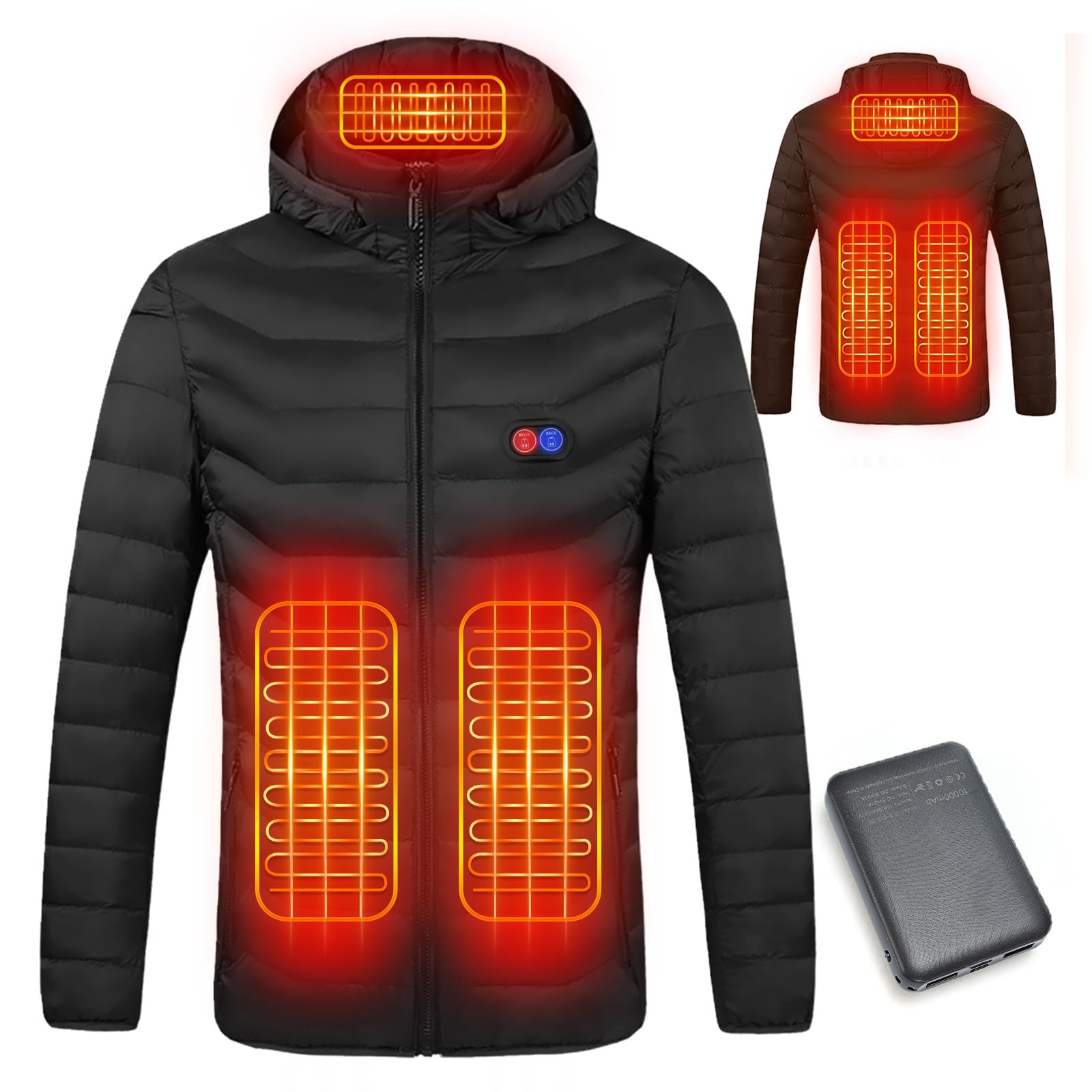 Giubbotto Riscaldato con Power Bank 10000mAh - Giacca Riscaldato con Cappuccio 5 Zone di Calore, 3 Livelli Doppi Controlle per Il Lavoro All'aperto Sci Trekking
