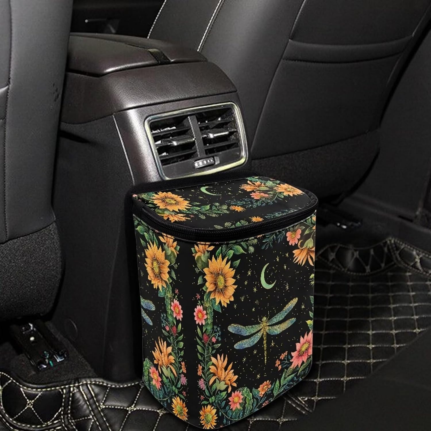 BIGCARJOB Dragonfly Car Trash Can Bin, Leak Proof Moon Floral Dragonfly Car Trash Bag, Hanging, Vehicle Trash Can for SUV Truck Van image 3