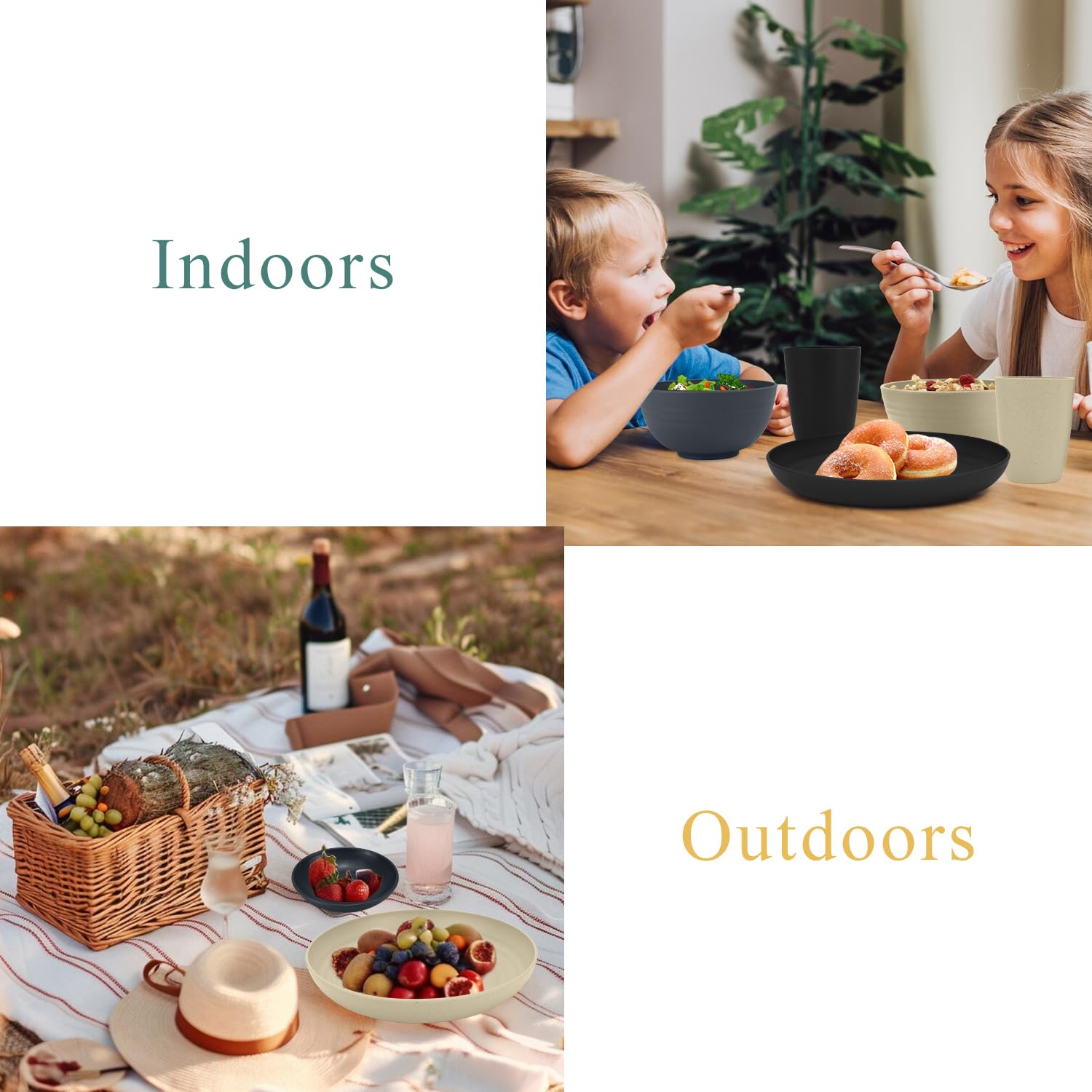 Ensembles d'assiettes et de bols Wrova 16 pièces - Ensembles de vaisselle incassables pour 4 | Ensembles d'assiettes en plastique pour le camping - Vaisselle résistante au lave-vaisselle et au