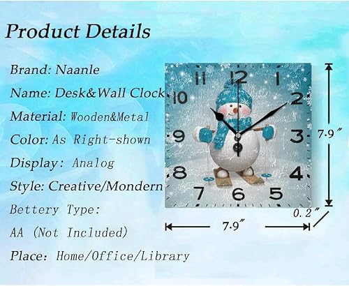Miniatura 3 de Naanle Reloj de pared cuadrado con estampado navideño de muñeco de nieve, de 8 pulgadas, funciona con pilas, de cuarzo, silencioso, analógico,