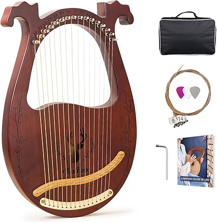 Lyre Harp, 16-String Mahogany Lyra Harp Kit, Stringed Musical Instruments with Tuning Wrench Bag Instructions Extra Strings for Beginners Adults