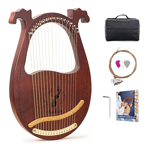 Lyre Harp, 16-String Mahogany Lyra Harp Kit, Stringed Musical Instruments with Tuning Wrench Bag Instructions Extra Strings for Beginners Adults