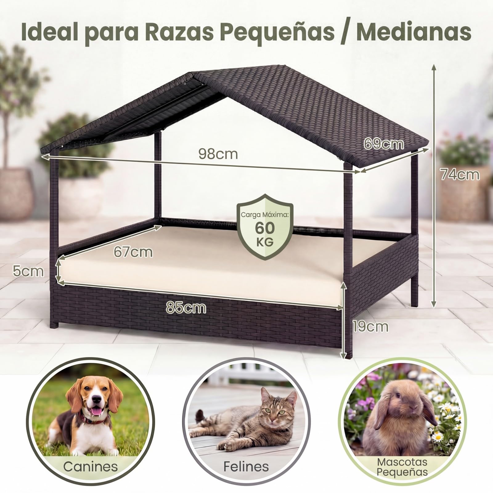 GYMAX Cama para Perro con Cojín, Caseta para Perro Exterior de Ratán PE con Techo Inclinado y Base Elevada, Ventilada e Impermeable, para Exterior e Interior, 98 x 68 x 74 CM (Beige)