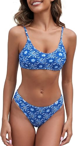 Fanuerg Women's Ribbed Bikini Sets Scoop Neck Cheeky Swimsuit Textured Two Piece Bathing Suit
