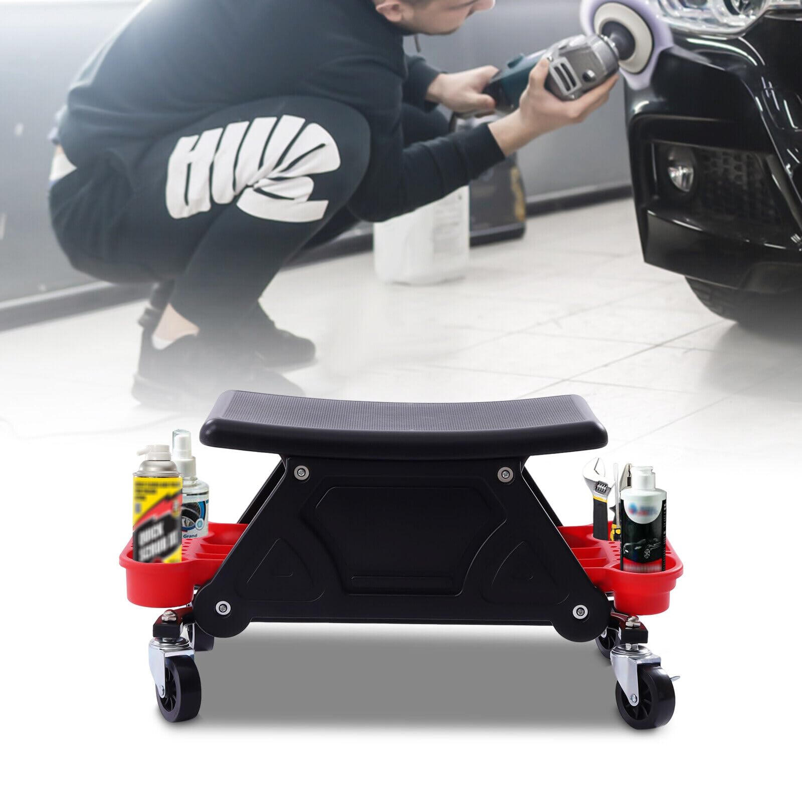 Taburete de taller de 150 kg, asiento de taller, asiento con ruedas, taburete de trabajo con ruedas de 360°, bandeja de herramientas para el taller de automóviles, garajes, talleres