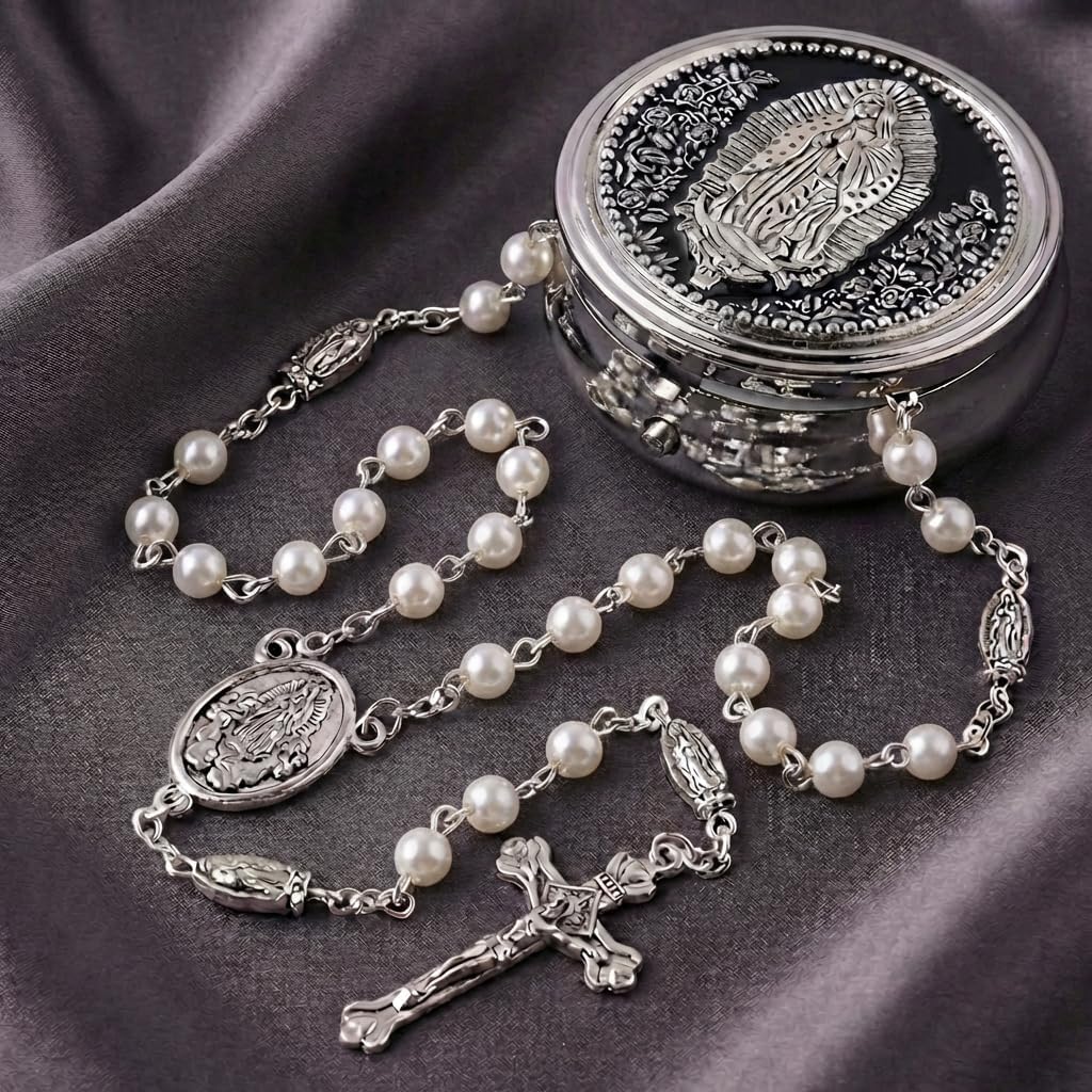 6mm Glass Pearl Catholic Rosary for Men and Women: Our Lady of Guadalupe Icon/O Mary Conceived Without Sin Pray for Us/Black Hematite Beads with St. Benedict Medals,Crucifix Centerpiece & Premium Metal Gift Box,Timeless Spiritual Treasure - Image 2