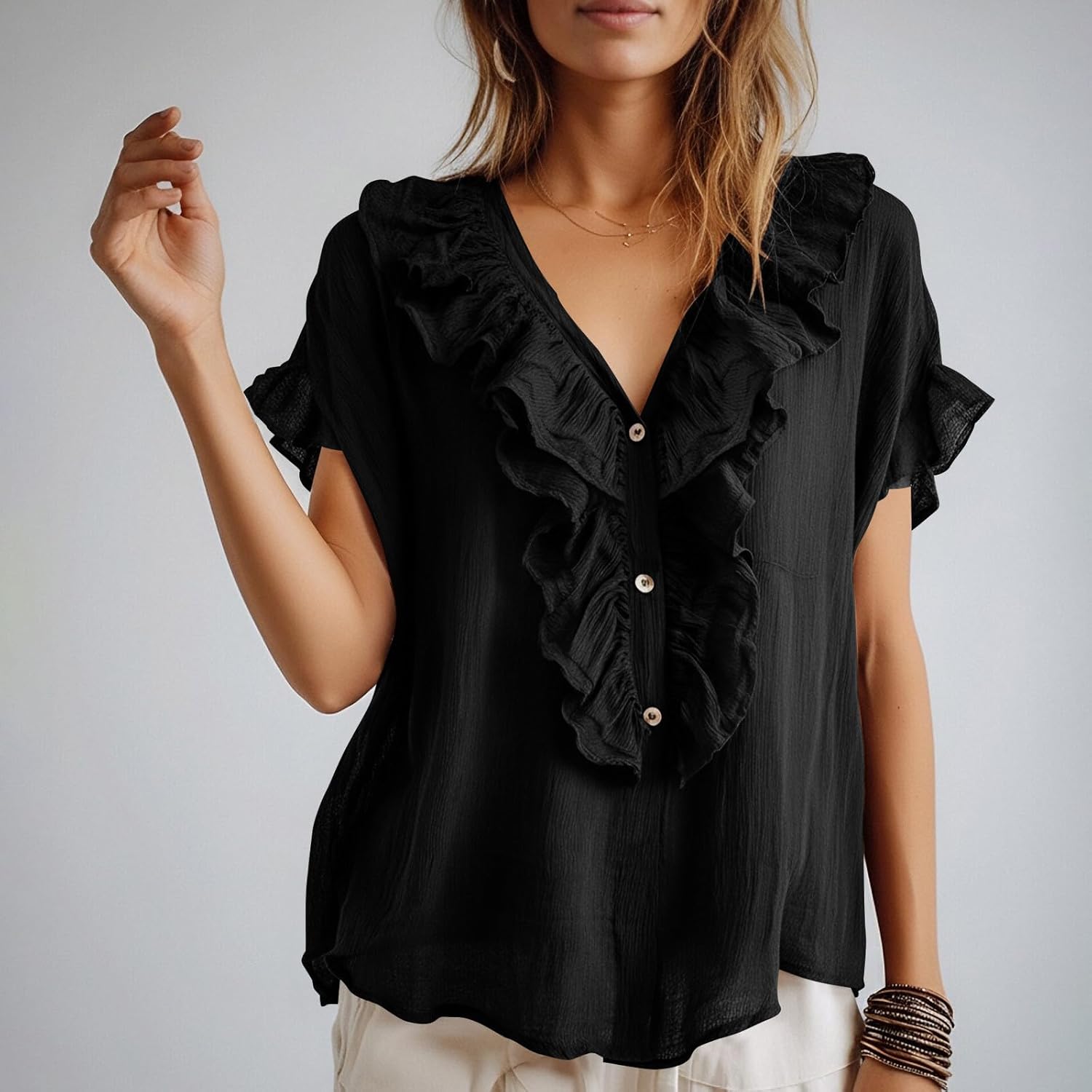 Linen Shirts for Women Ruffle Trim V Neck Top Boho Short Sleeve Summer Blouse Cotton Casual Blouses with Buttons