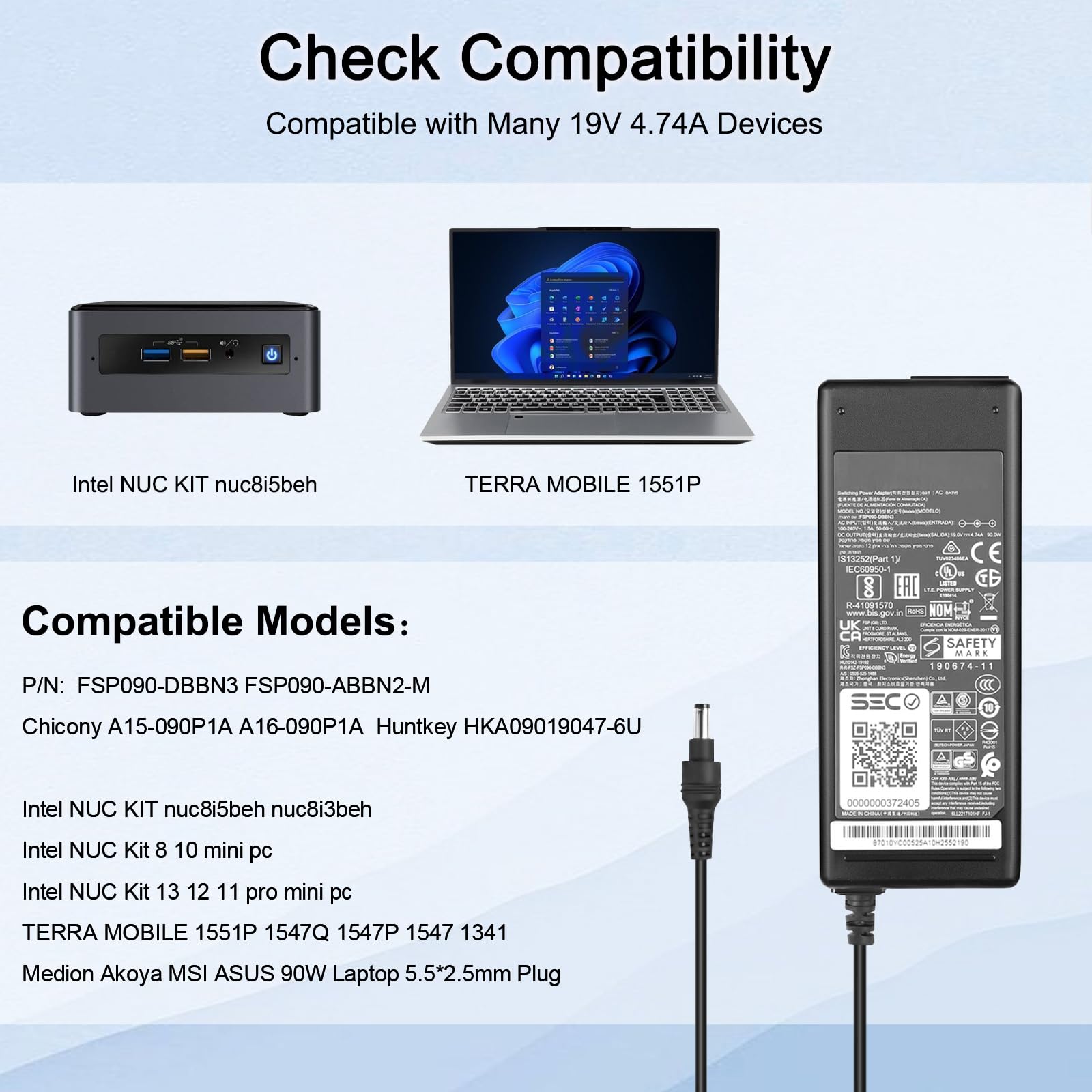 Intel Nuc Kit 90W 4.74A Ladegerät Netzteil Für Terra Mobile 1551P 1547Q 1547P 1547 1341 8 10 GETAC S410 FSP090-DBBN3 Huntkey HKA09019047-6U Adapter 5,5 * 2,5mm Compatibel Met Huntkey FSP090