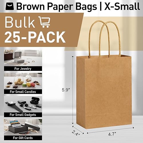 Miniatura 2 de SUNCOLOR 25 mini bolsas de regalo de 6 pulgadas, color marrón, pequeñas bolsas de regalo con asa para bolsas de recuerdo de fiesta (marrón)