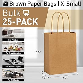 SUNCOLOR 25 Pieces 6 Mini Goodie Bags Brown Small Gift Bags with Handle for Party Favor Bags (Brown)