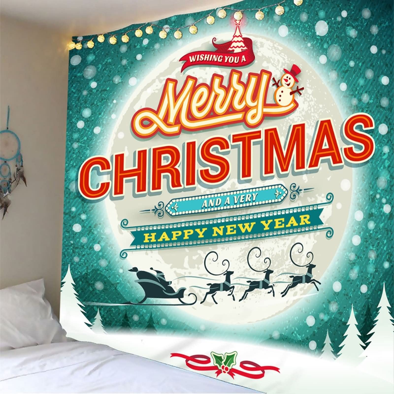 Tapisserie Fenster, Wandbehang Frohe Weihnachten Weihnachtsmann und Elch Weiß und Grün Polyester 350X256cm
