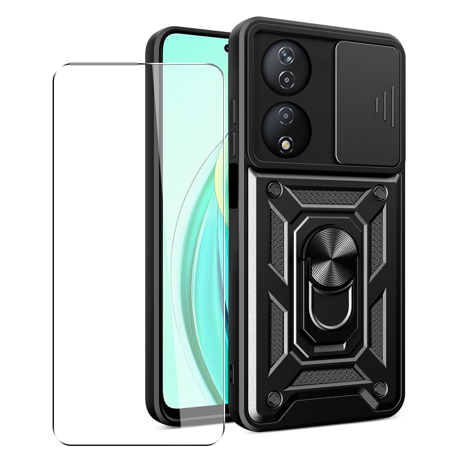 SDTEK Case for Honor 90 Smart Phone Cover with Camera Lens Protection, Stand, Magnetic Ring Holder and Glass Screen Protector (Black)