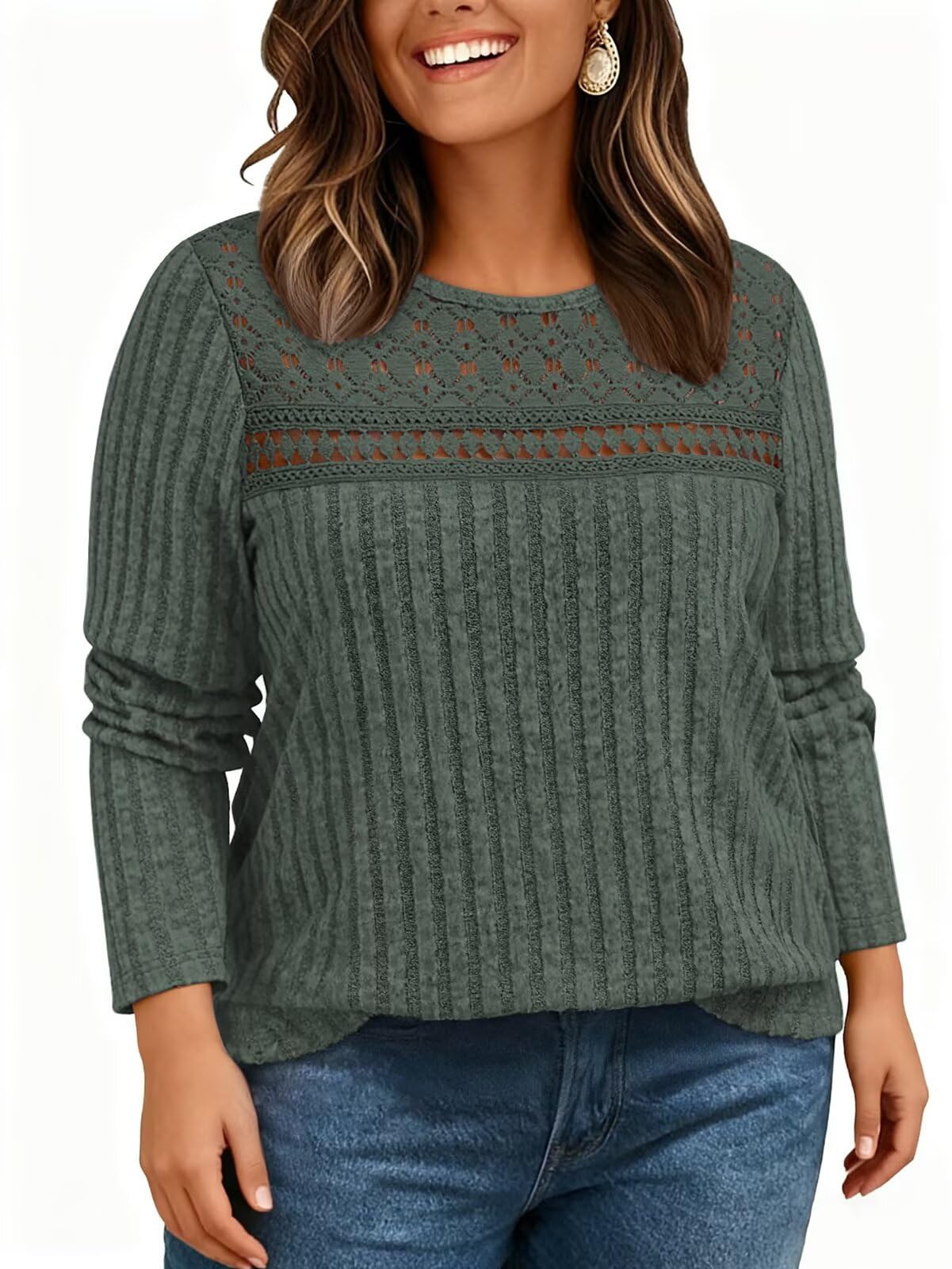 Plus-Size-Sweaters for Women Trendy Long Sleeve Lace Shirts Loose Lightweight Mesh Tops Casual Knit Pullover Tunics