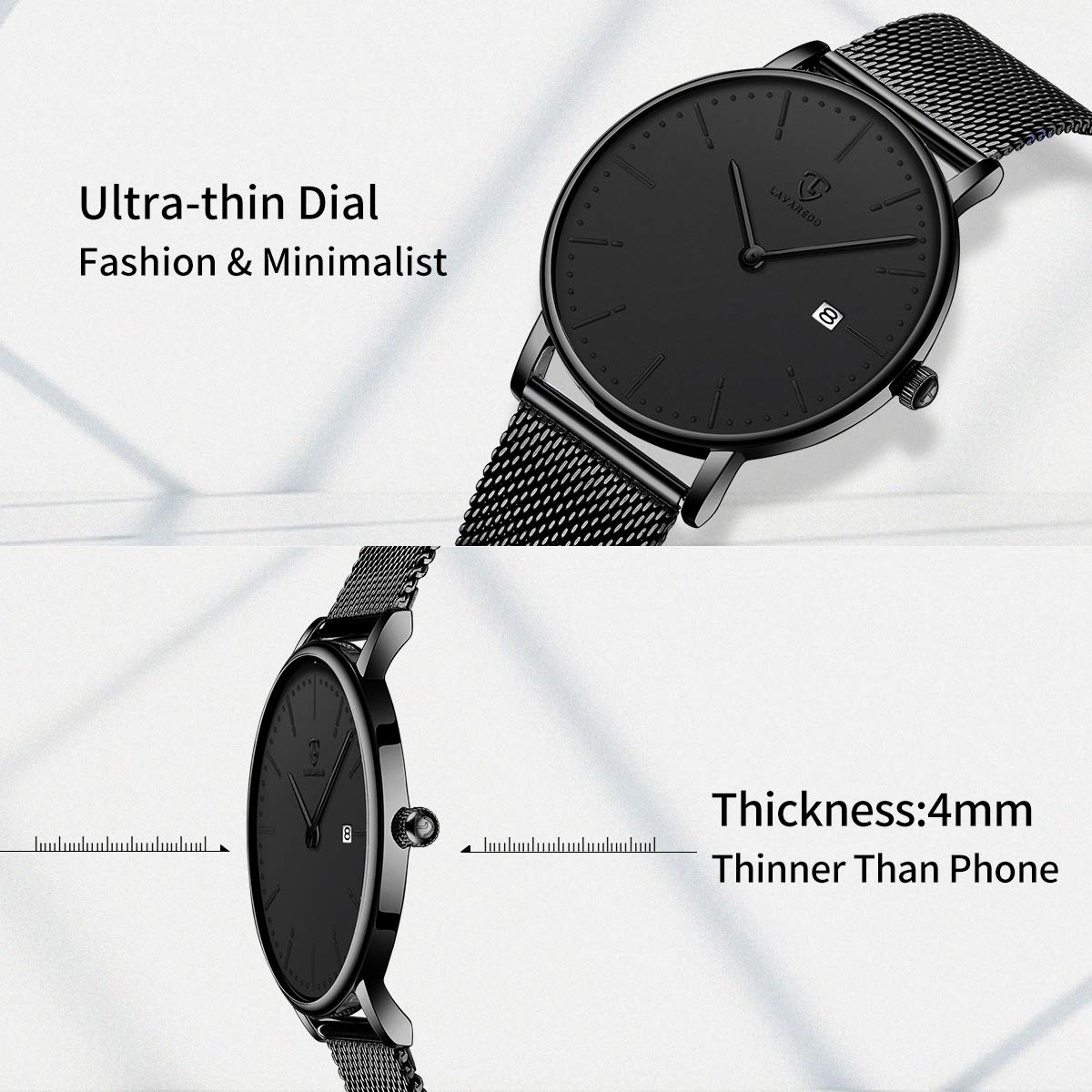 Orologio da polso da uomo, stile minimalista, semplice, con data analogica, cinturino in rete in acciaio inox