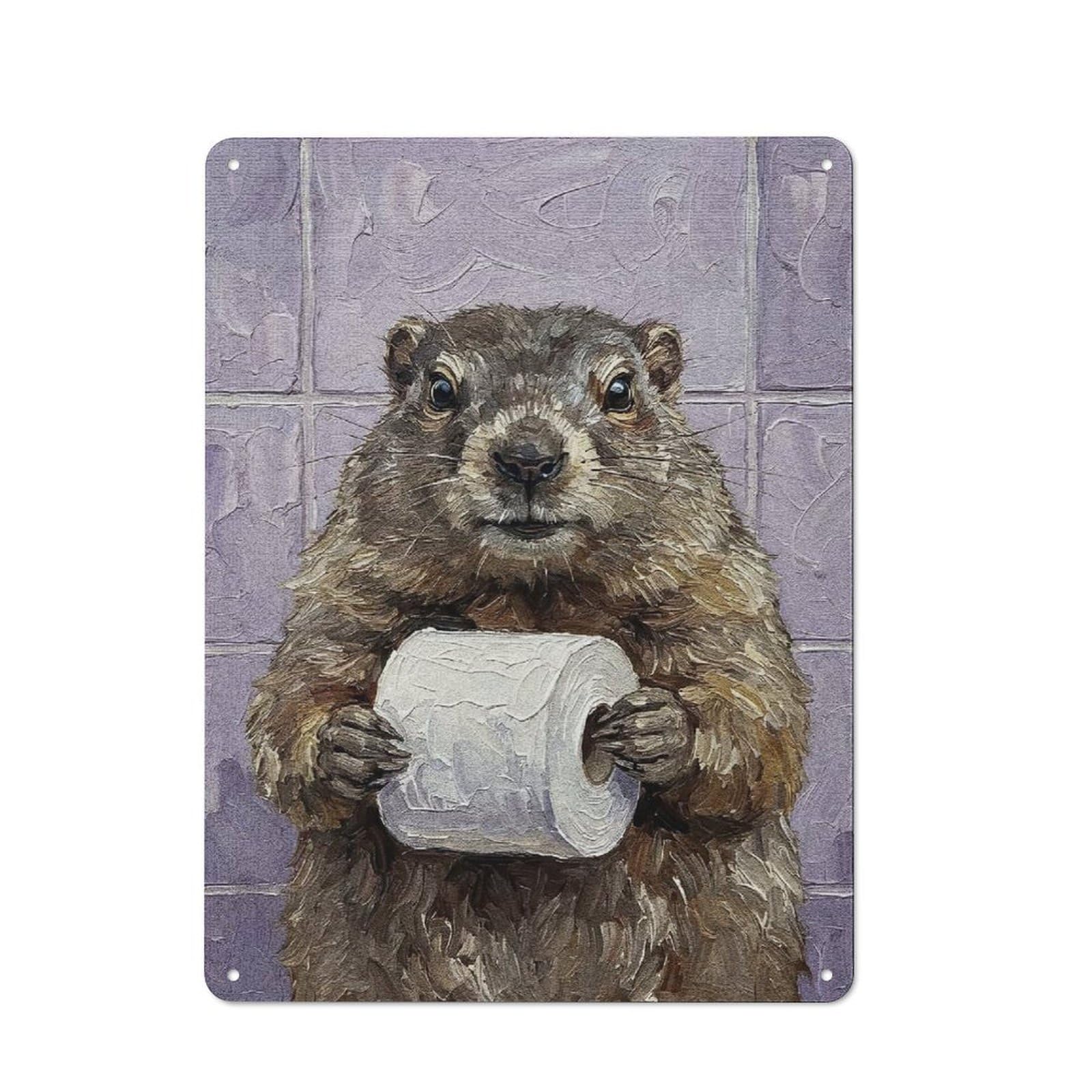 Junmoney Style-12 Rustic Groundhog Holding Toilet Paper Roll Painting Tin Wall Plaque 40X30cm, Rustic Kitchen Decor For Cottage, Kitchen, Hallway Or Breakfast Nook
