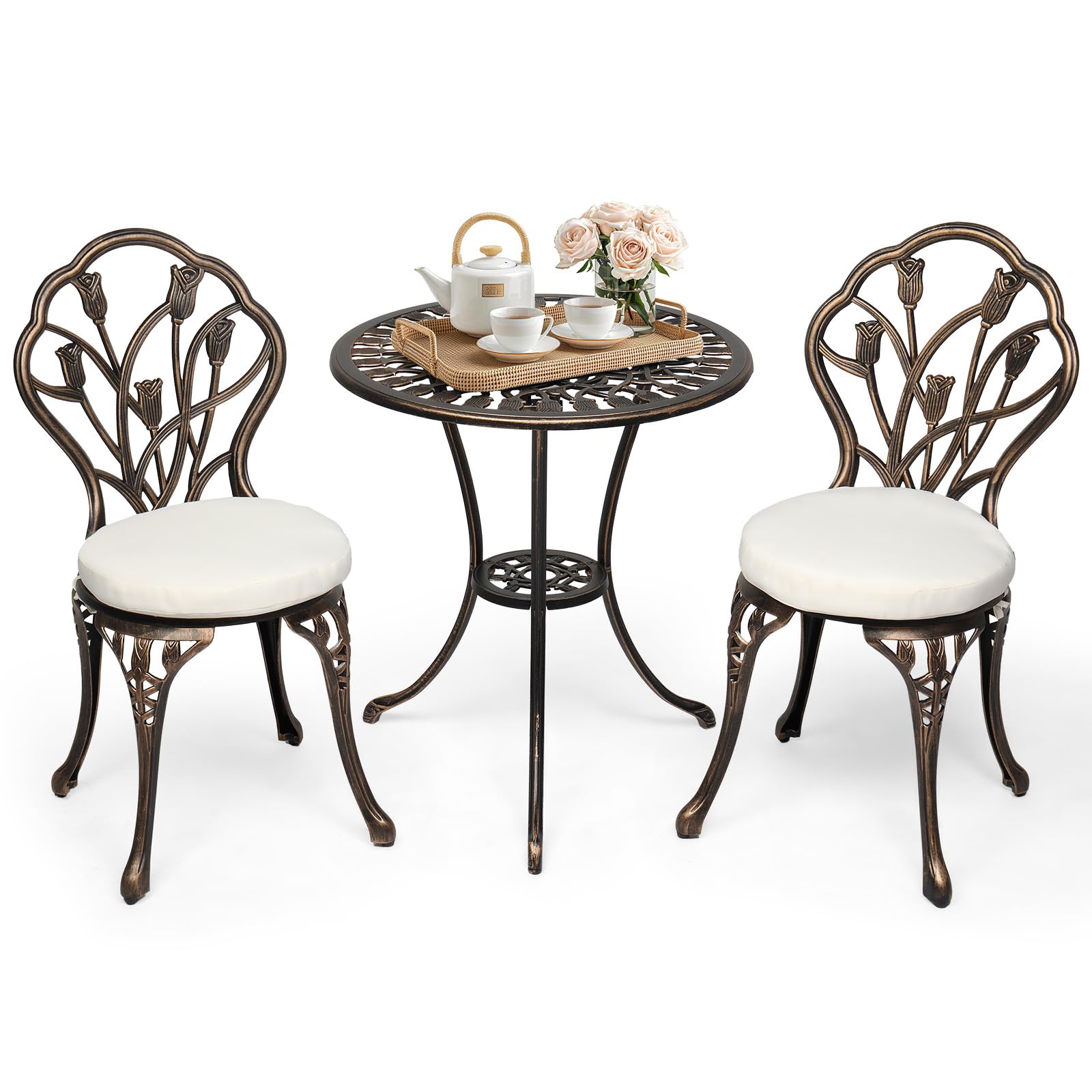 Bonnlo Set Bistrot in Lega di Alluminio, Set Tavolo e 2 Sedie da Giardino con 2 Cuscini in Spugna, Piedini Regolabili e Foro per Ombrellone, Tavolino e Sedie per Patio, Esterno e Balcone