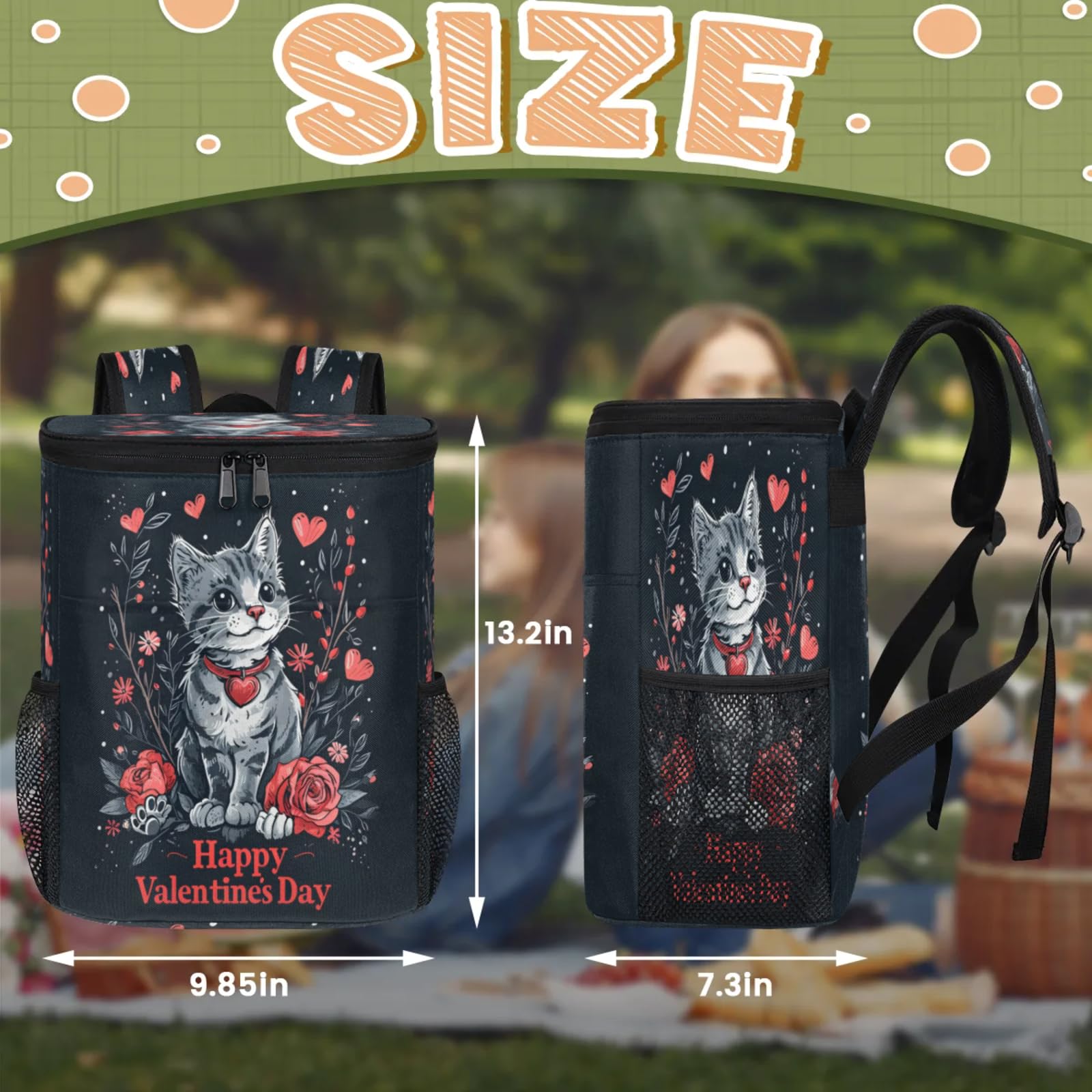 CNNINGYI Large Waterproof Insulated Cooler Backpack, Valentine's Day Leak Proof Backpack 30 Cans, Cute Cat Spring Floral Love Lightweight Cooler Bag for 12h Hot/Cold Retention