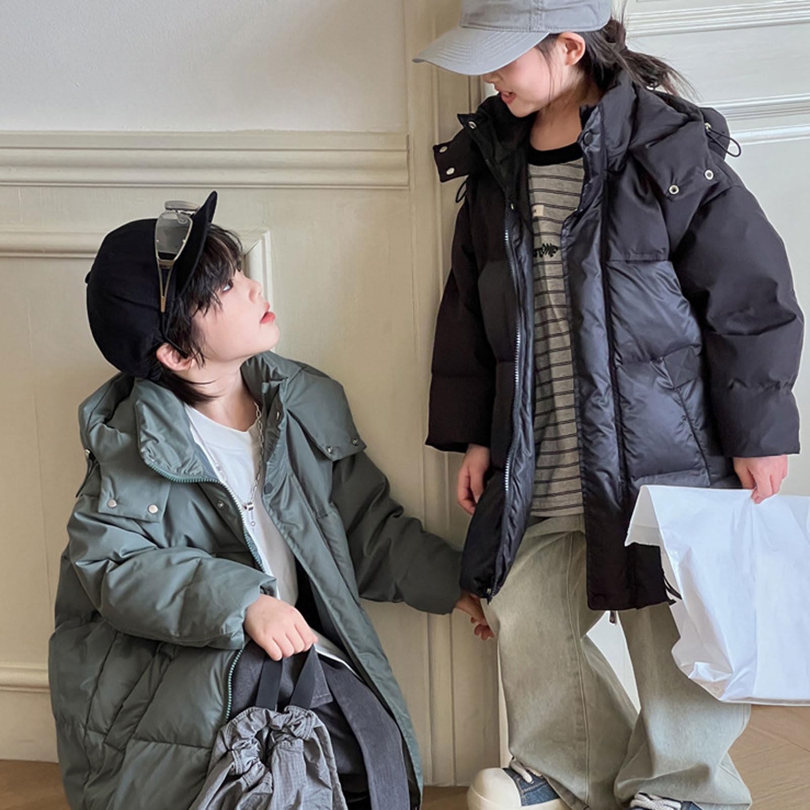Cappotto Imbottito con Cappuccio Bambini e Bambina Piumini di Media Lunghezza Giaca Giubbino per Inverno