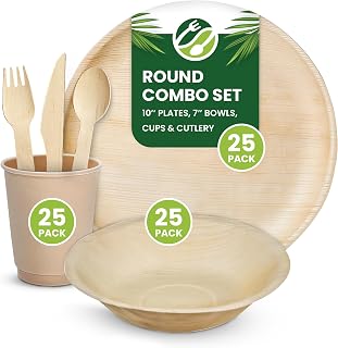 Eco Leaf 150pcs Disposable Palm Leaf Plates, Bowls, Cups and Wooden Cutlery Set – Includes 25 Round Plates, 25 Bowls, 25 Cups, 25 Forks, Knives and Spoons – Eco-Friendly, Compostable for Parties