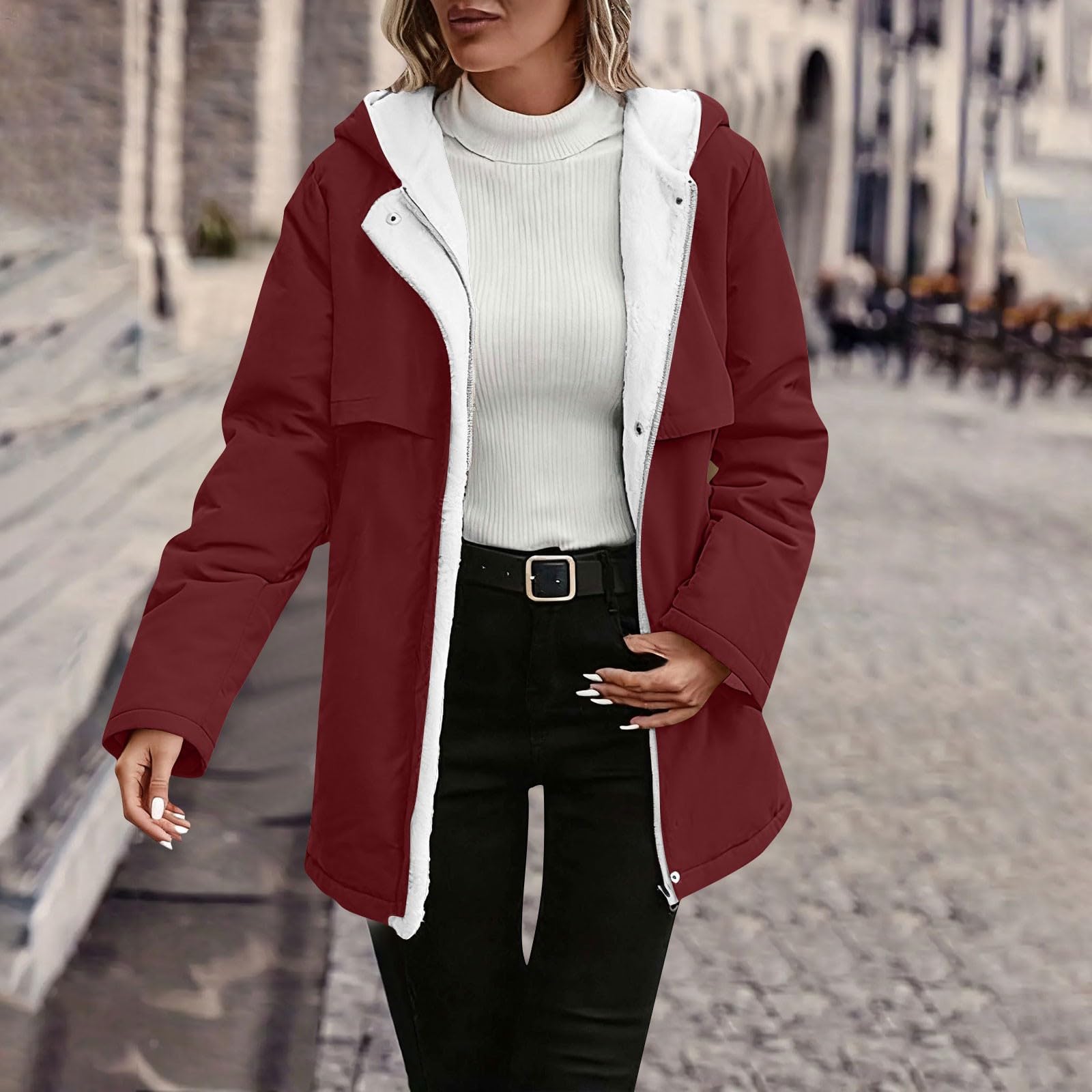 Chaqueta de forro polar para mujer, chaqueta cálida de invierno con cremallera, chaqueta de longitud media con capucha, forro de sherpa, abrigo de manga larga, abrigo de felpa cómoda para exteriores