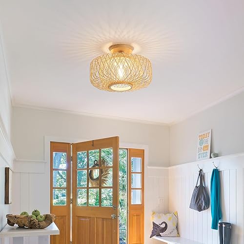 Miniatura 8 de Lámpara de techo de ratán bohemio de 13 pulgadas, bambú natural y madera tejida a mano, iluminación de granja de montaje empotrado para dormitorio,
