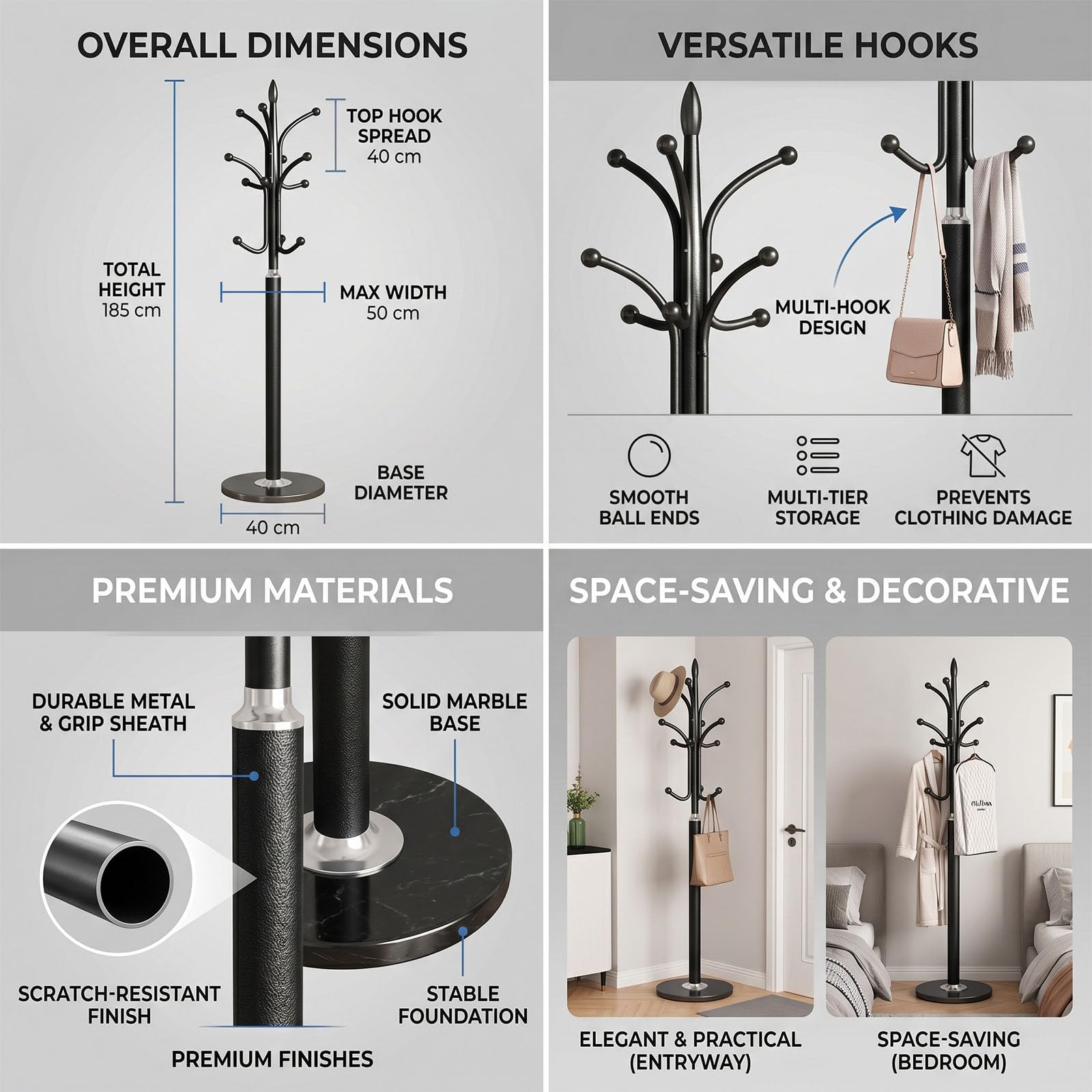 Appendiabiti da Terra Metallo Design Albero Base in Marmo 6 Ganci Stabile