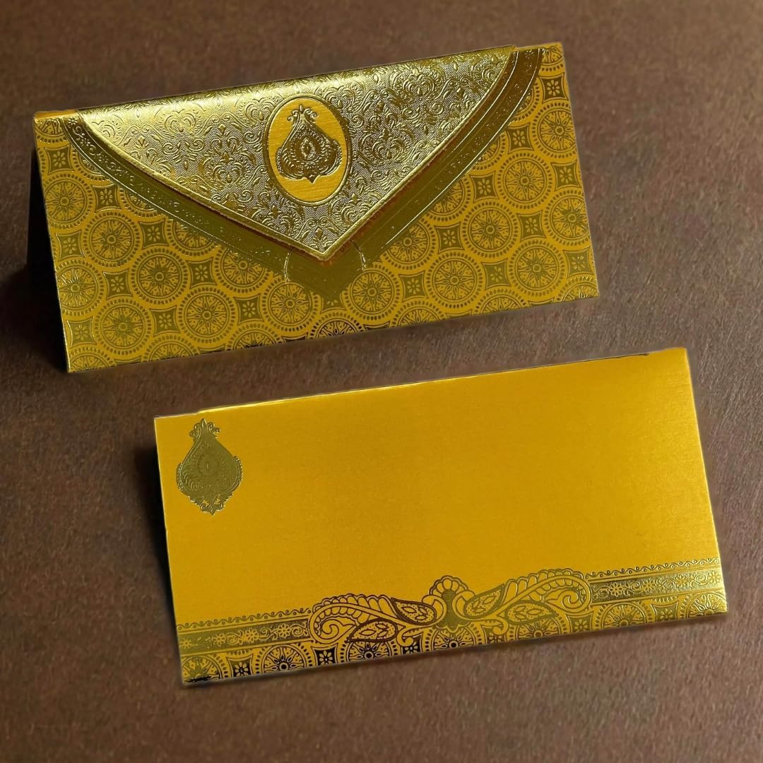 Aywal Pack of 10, 3 Fold Taj Royal Design Shagun Envelopes for Gifting Cash Money Cover Metallic Finish Paper Tuck Flap Designer Fancy Sagan Lifafa Wedding, 19 X 9 cm, Creamish Orange Color 1