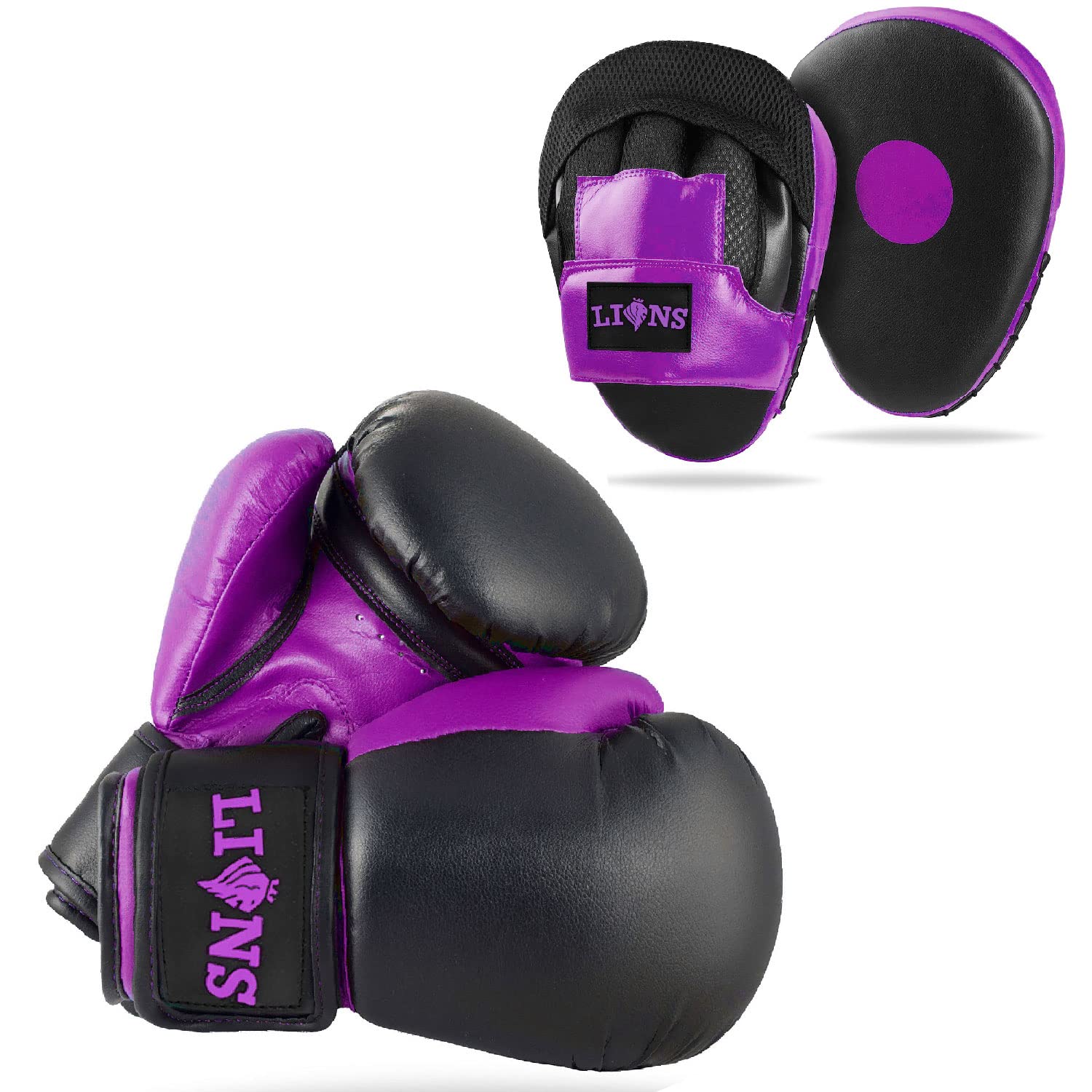 Lions Boys Boxing Gloves and Pads - Set of Sparring Punching Mma Focus Hook & Jab Training Mitts (PURPLE-INJECTION, 10OZ)