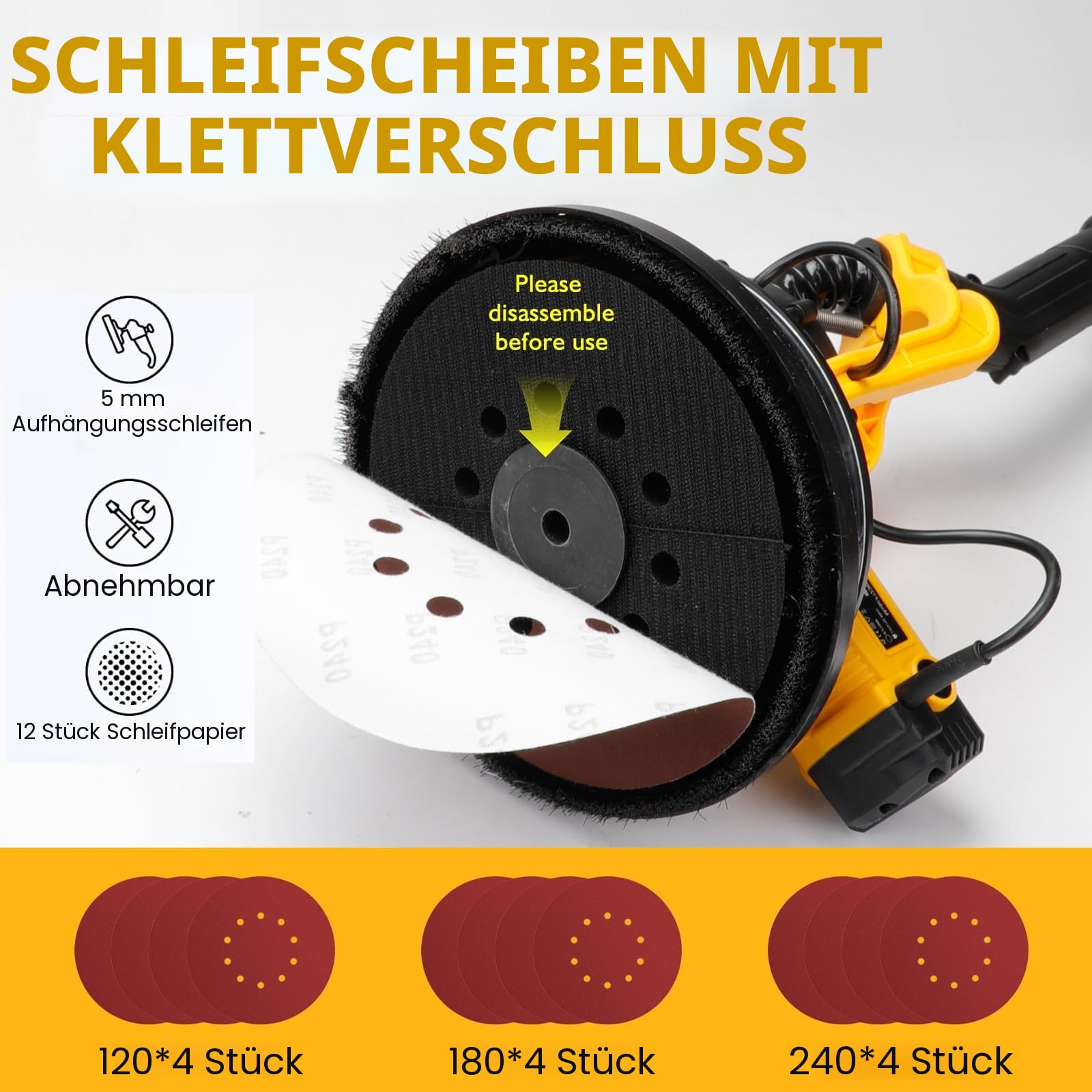 Trockenbauschleifer (880W), Schleifer mit doppelter LED-Beleuchtung, 5 variable Geschwindigkeiten, 1000-2100 U/min elektrischer Trockenbauschleifer mit 12 Schleifscheiben und Staubabsaugbeutel