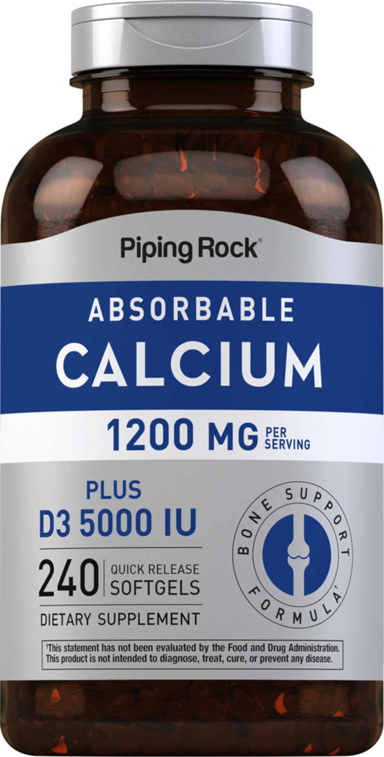Calcium 1200 mg with Vitamin D3 | 240 Softgels | 5000 IU Vitamin D3 | Absorbable Calcium Supplement| Non-GMO, Gluten Free