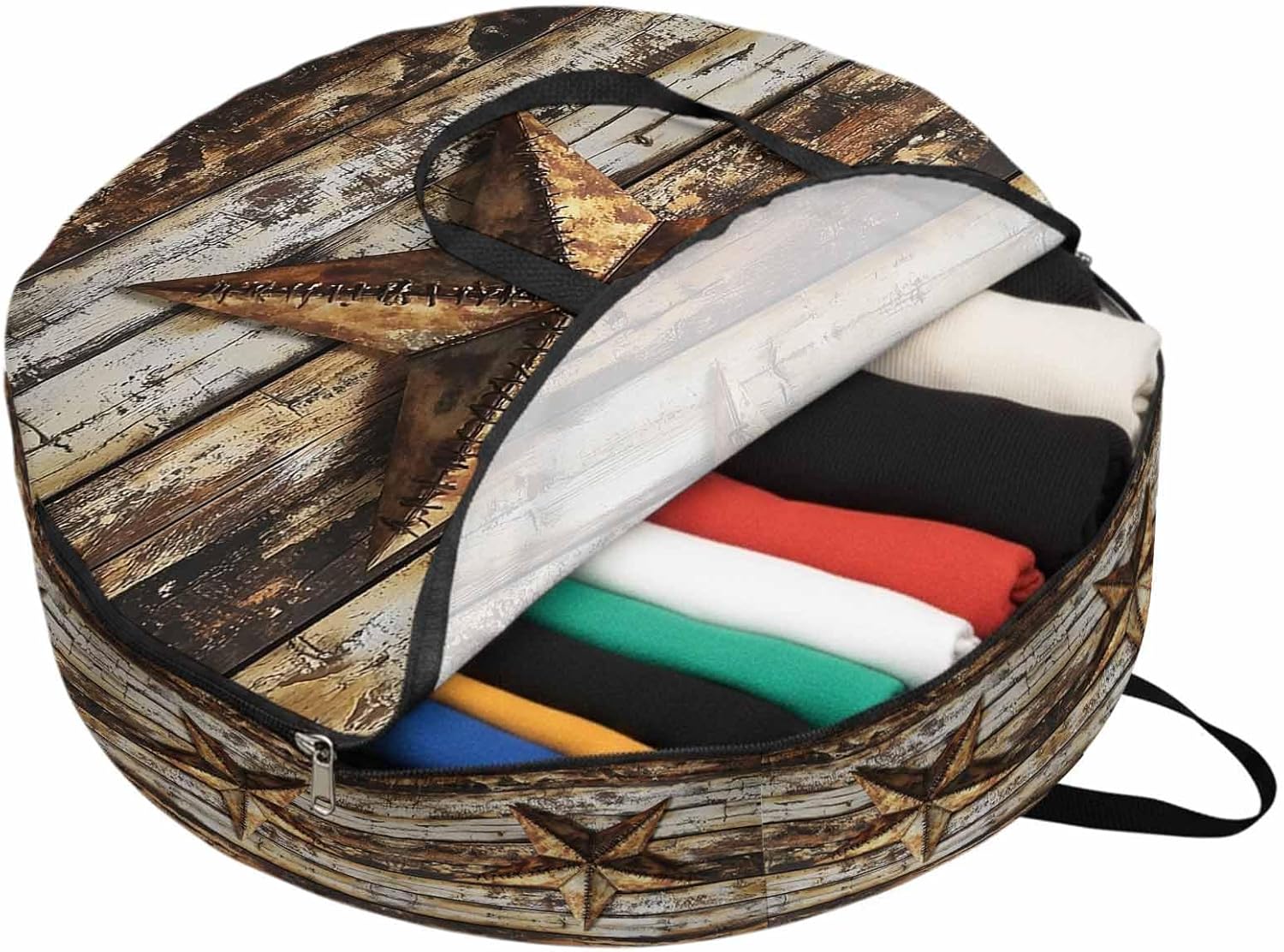 Retro Star Round Storage Bag 36 Inch, Country Texas Stars Worn-out Weathered Wood Clothes Storage Container with Handles Heavy Duty Organizer for Comforter, Bedding & Holiday Wreaths