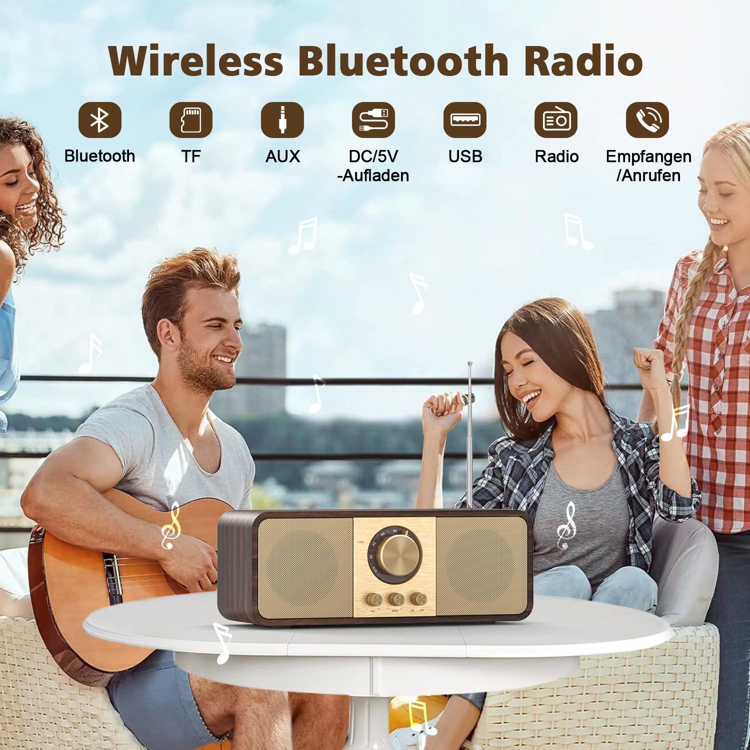 Radio nostalgica, radio retrò con Bluetooth e scheda TF | Alimentazione a batteria da 3000 mAh, con subwoofer da 2 x 8 watt, radio retrò con AUX/USB, radio per cucina/camera da letto