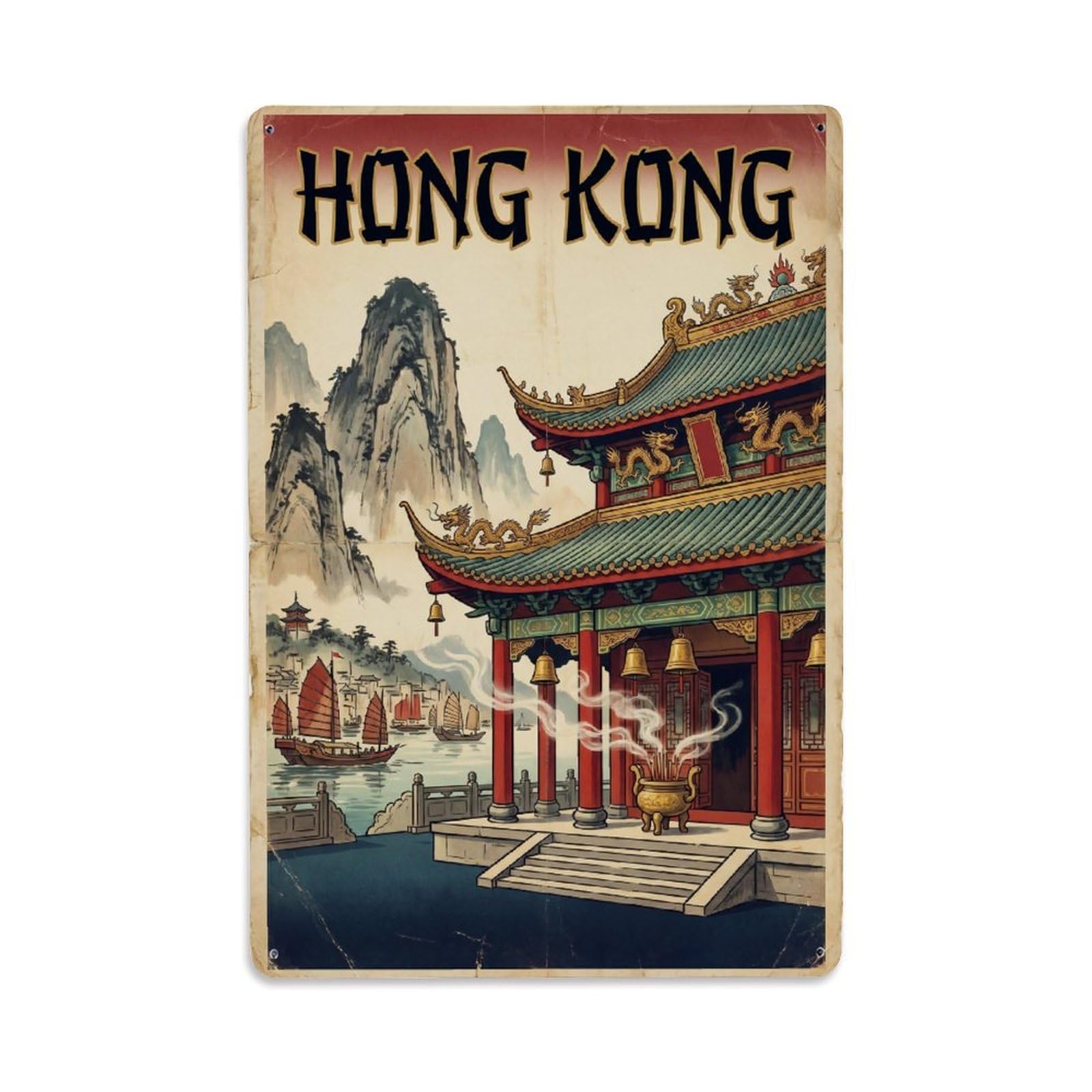 Gead 8X12inch Style Vintage Travel Hong Kong Temple Metal Tin Sign